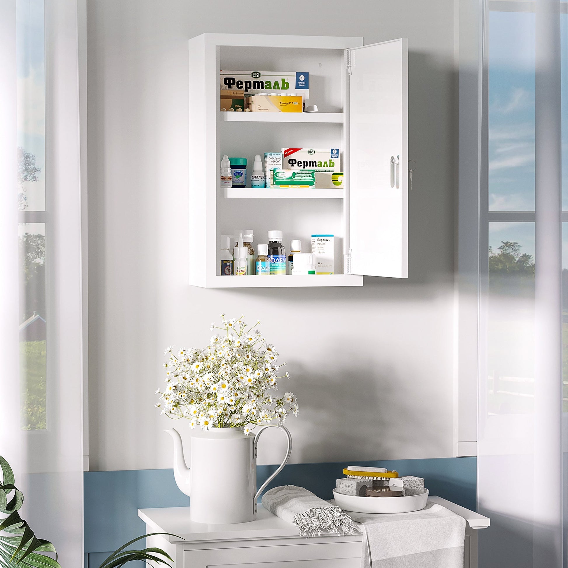 Kleankin Medicinal cabinet with 3 stainless steel shelves with 2 keys and wall assembly, 30x14x46 cm, white - Borgè