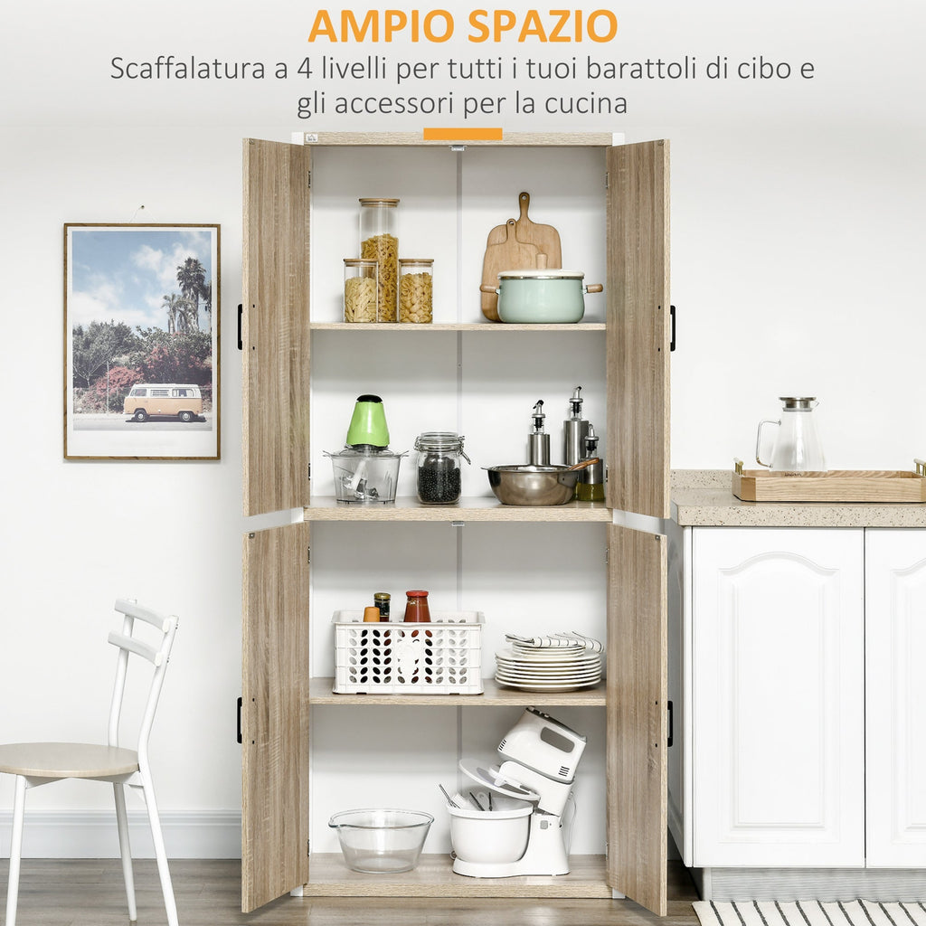 dispensate MDF wooden kitchen with 4 adjustable shelves, 4 doors and anti -cargo device, 80x40x182cm, wood and white color - Borgè