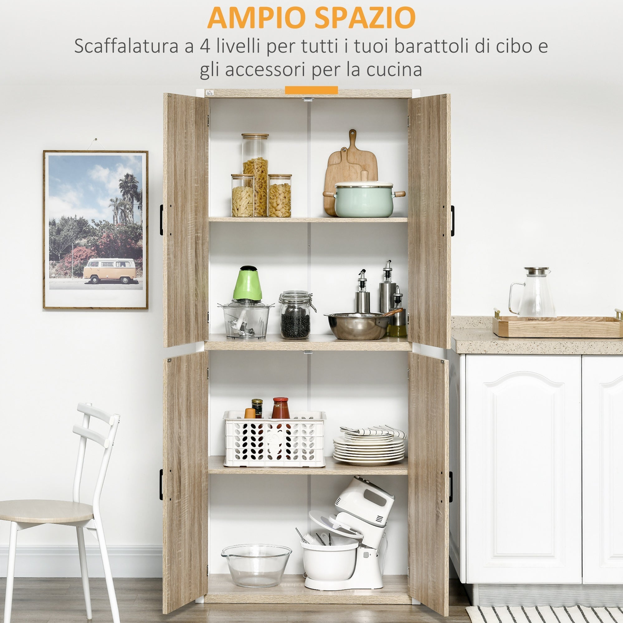 dispensate MDF wooden kitchen with 4 adjustable shelves, 4 doors and anti -cargo device, 80x40x182cm, wood and white color - Borgè