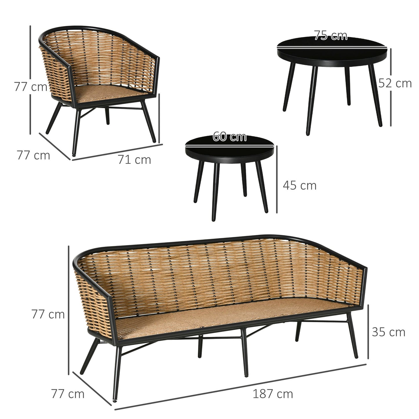 Outsunny Set of Rattan Garden Furniture 5 Pieces, Outdoor Sall With 2 Table Tables, 3 -seater sofa and 2 armchairs with cushions - Borgè