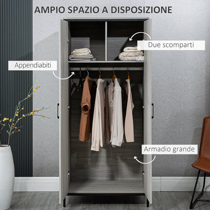 Wardrobe 2 -door wardrobe with compartments and hanger bar 80x50x179cm, Grey