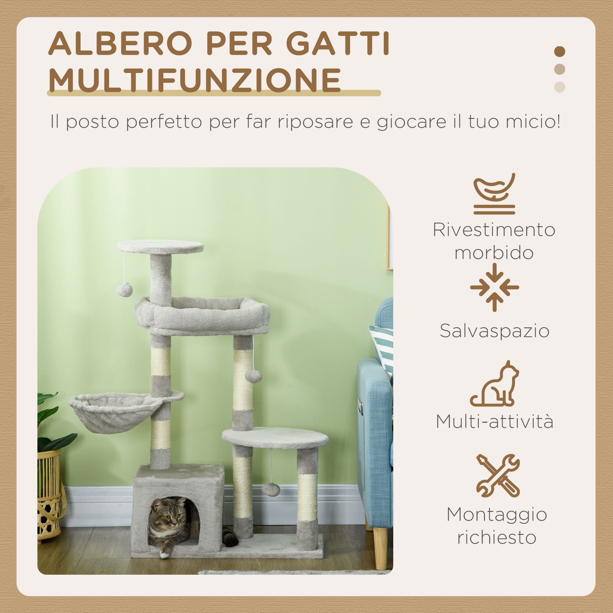 Cat Tree for cats with Scratch Pole i, 65x30x104 cm, light gray - Borgè