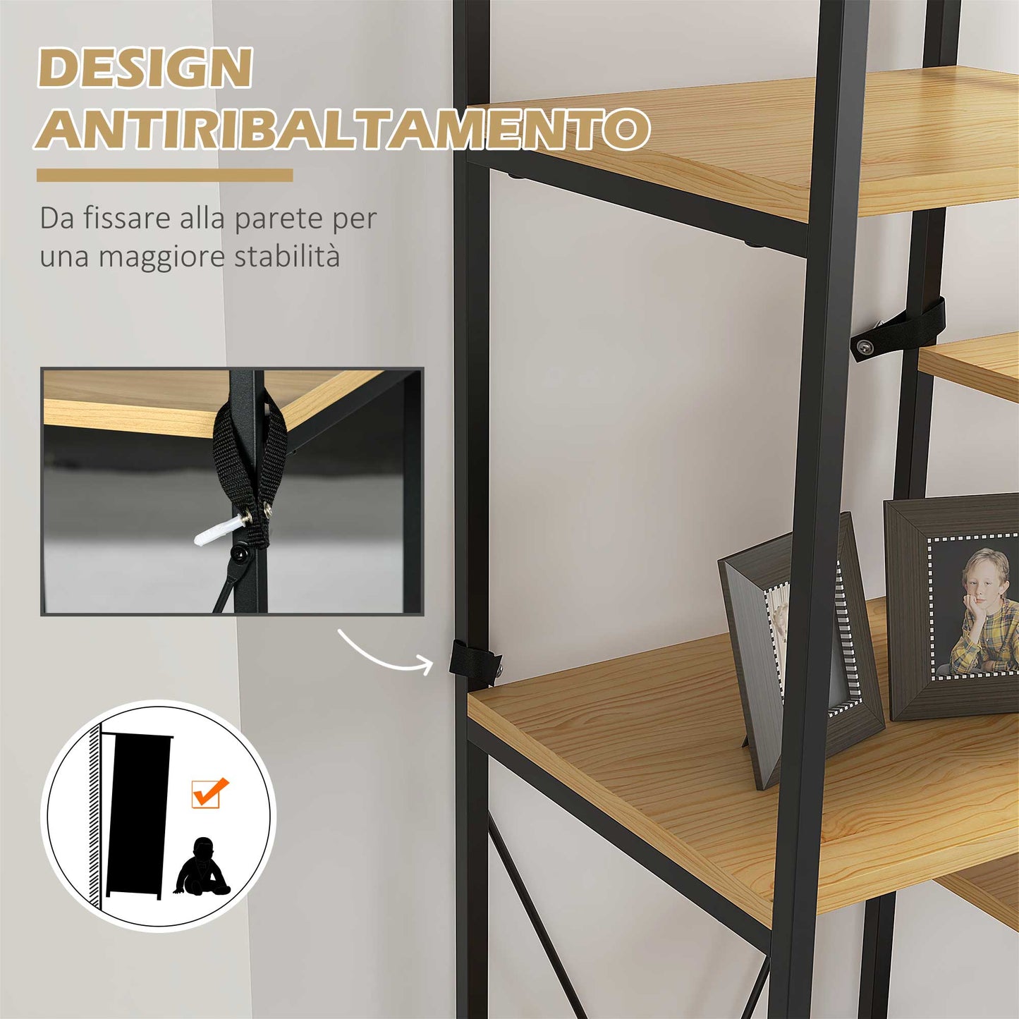 Homcom Bookcase with 10 -level bookcase, industrial style in chipboard and steel, 111.5x32x170 cm - Borgè