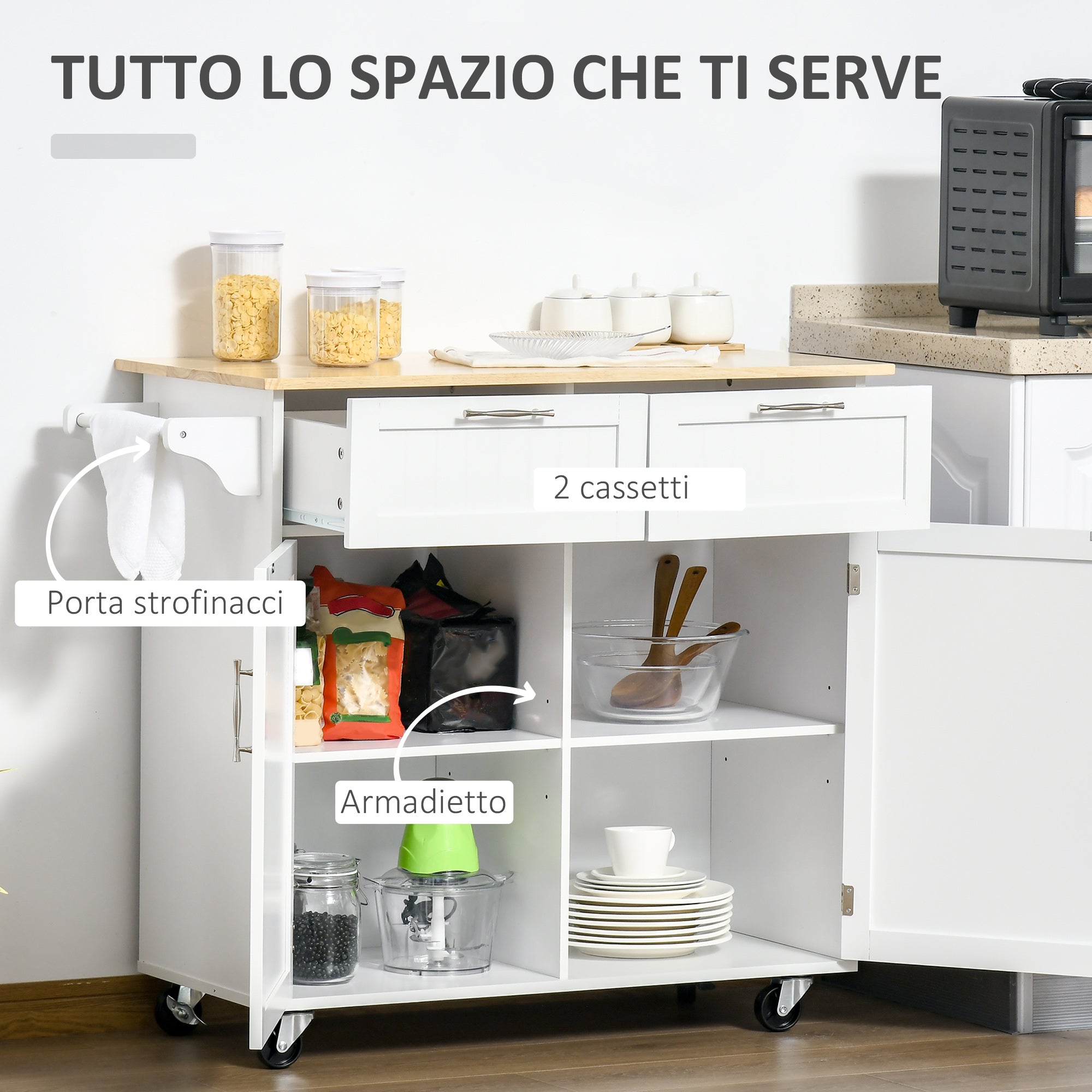 Multiuse wooden kitchen trolley with 2 drawers, 104x46x91cm - white - Borgè