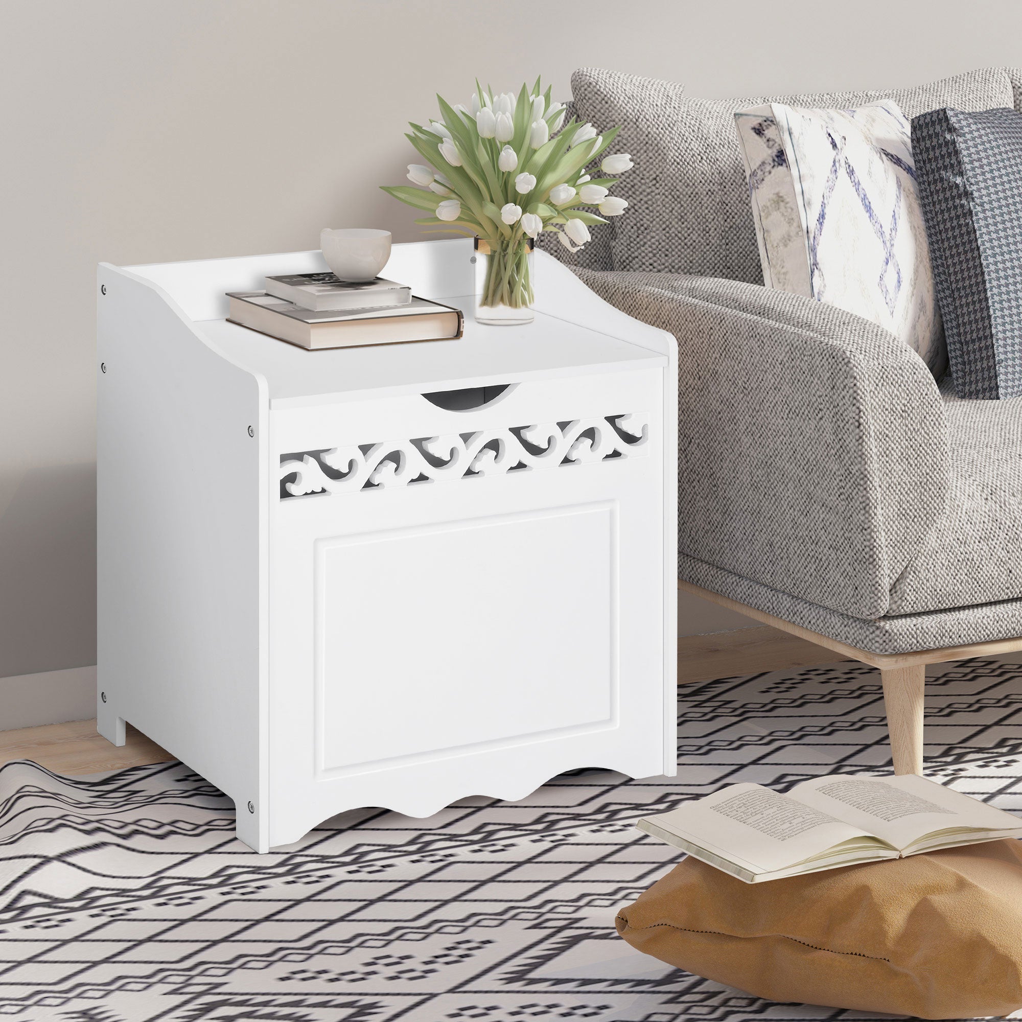 Wooden Wooden Cabinet with White with carved decoration 55 x 34 x 58 cm - Borgè