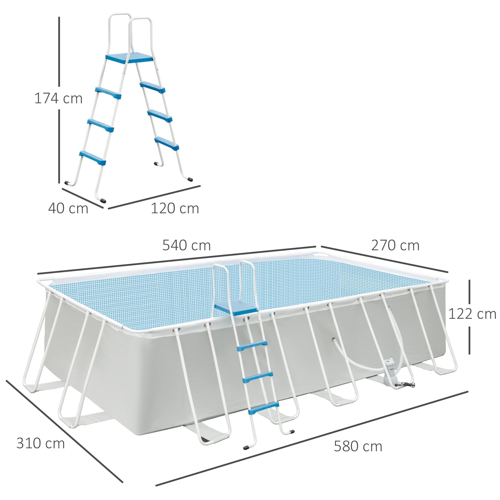 Above Ground Pool in Steel and Reinforced PVC with Filter, 580x310x122cm, Light Grey - Borge' Group Limited