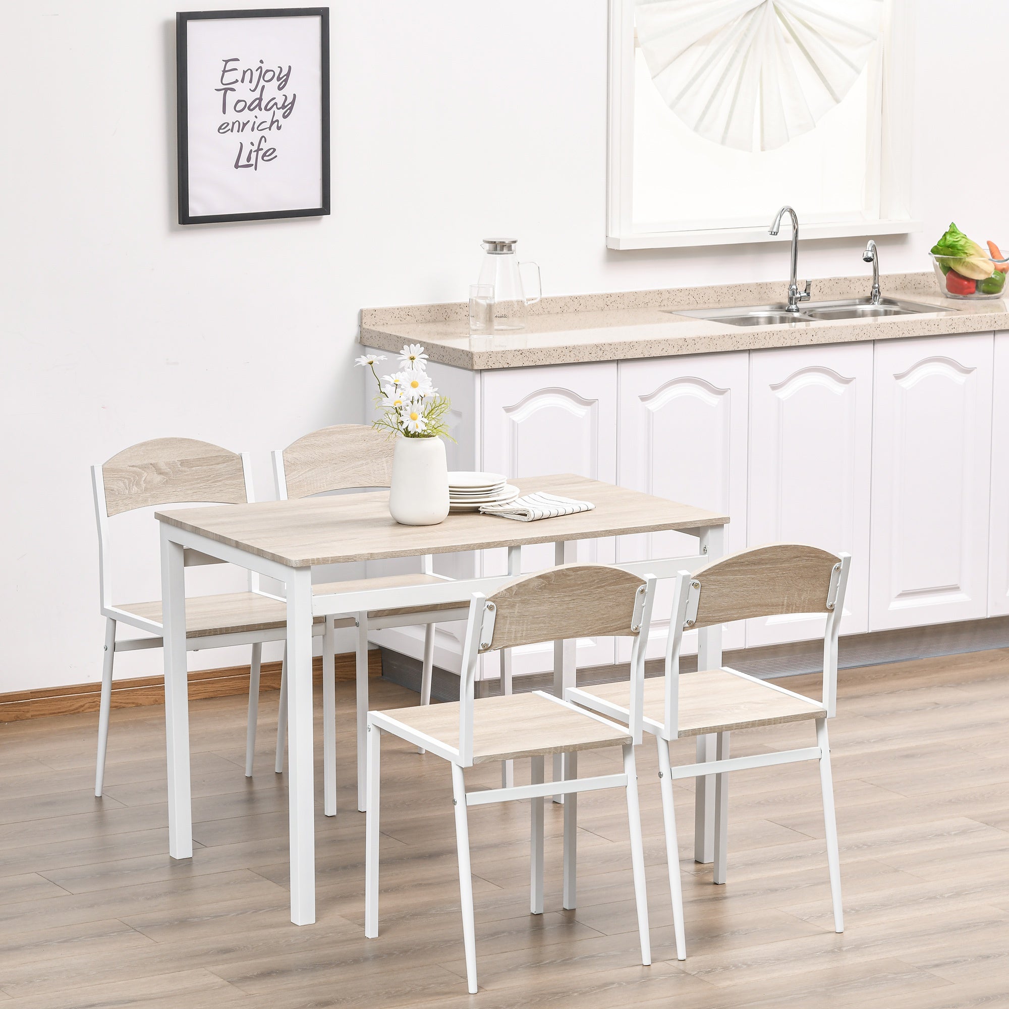 Set dining table and 4 metal and mdf chairs, white and wood - Borgè