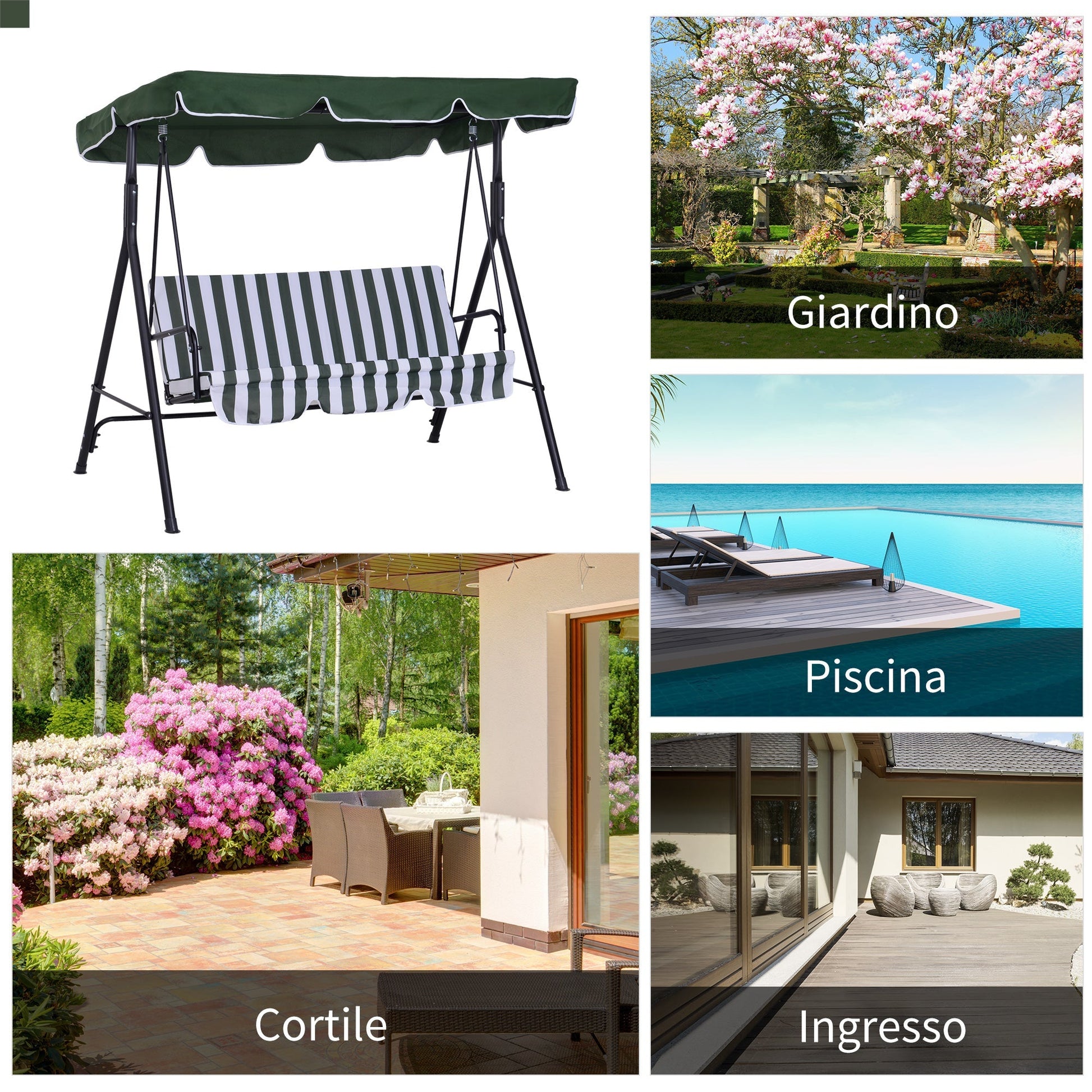 3 -seater garden rocking outsunny with roof and green and white striped steel structure - Borgè