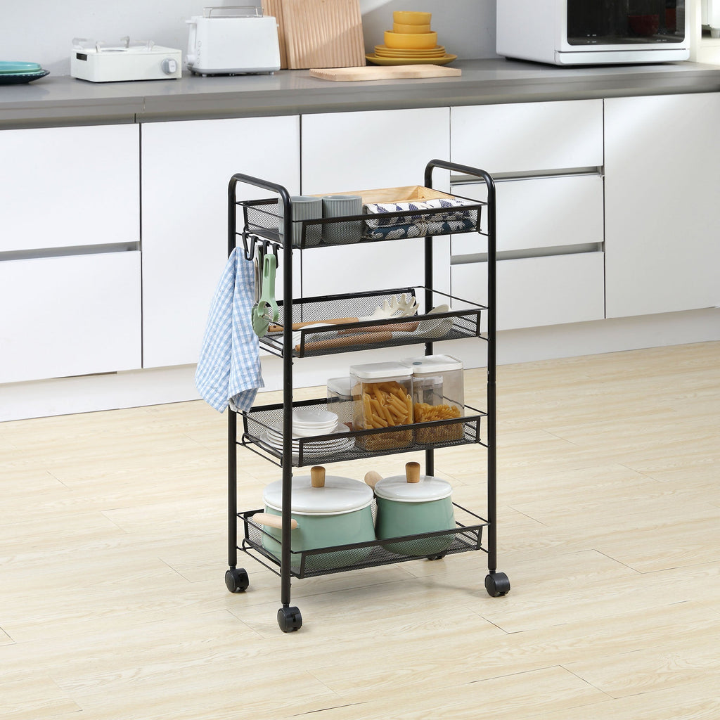 kitchen trolley with 4 shelves removable with 4 hooks and wheels, in steel and plastic PP, 45x26.5x84 cm, black - Borgè