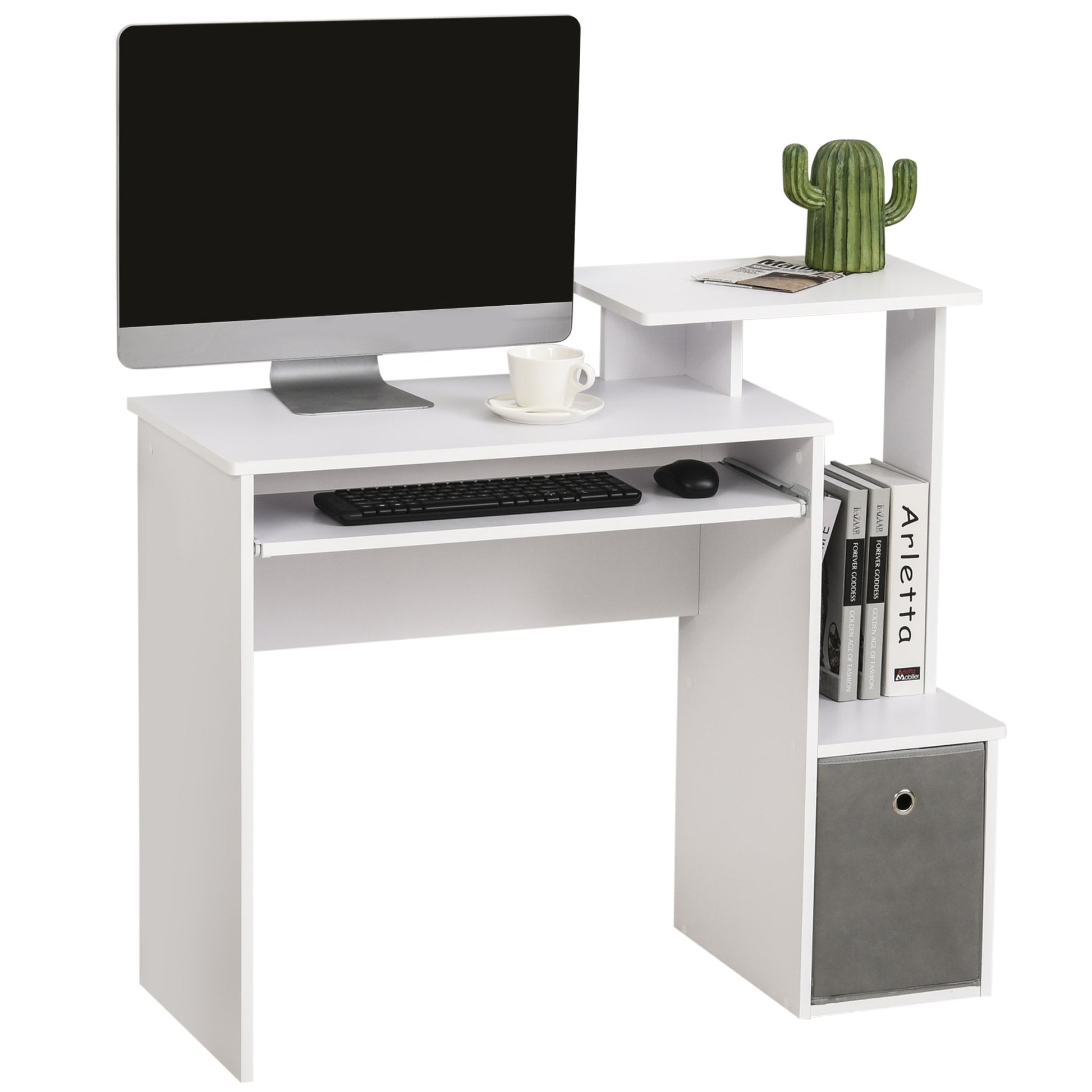 Homcom computer desk with keyboard holder, shelter and drawer in fabric, in wood, 100x40x86.6cm, white - Borgè