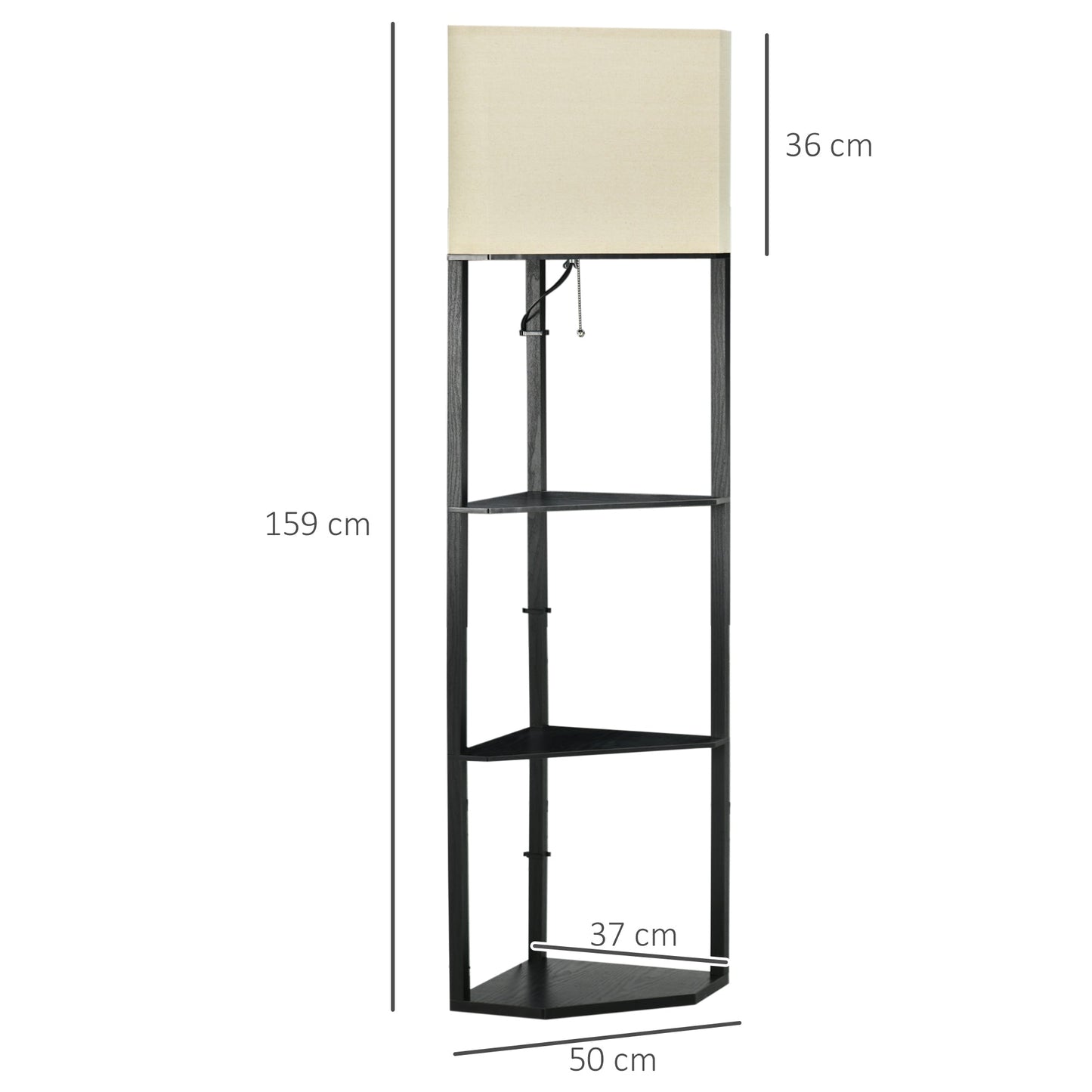 Black Corner Modern Ground Lamp with Shelves and Beige lampshade in fabric | 50x37x159cm