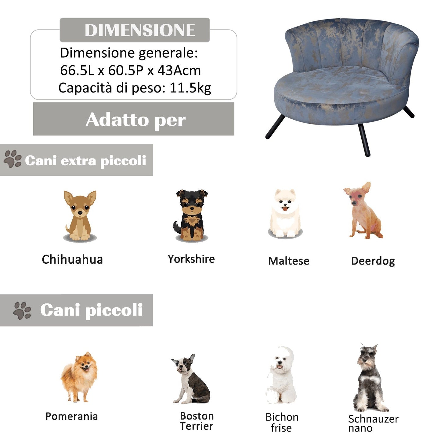 PAWHUT SOFA for small dogs and cats luxury kennels in blue velvet and gold - Borgè