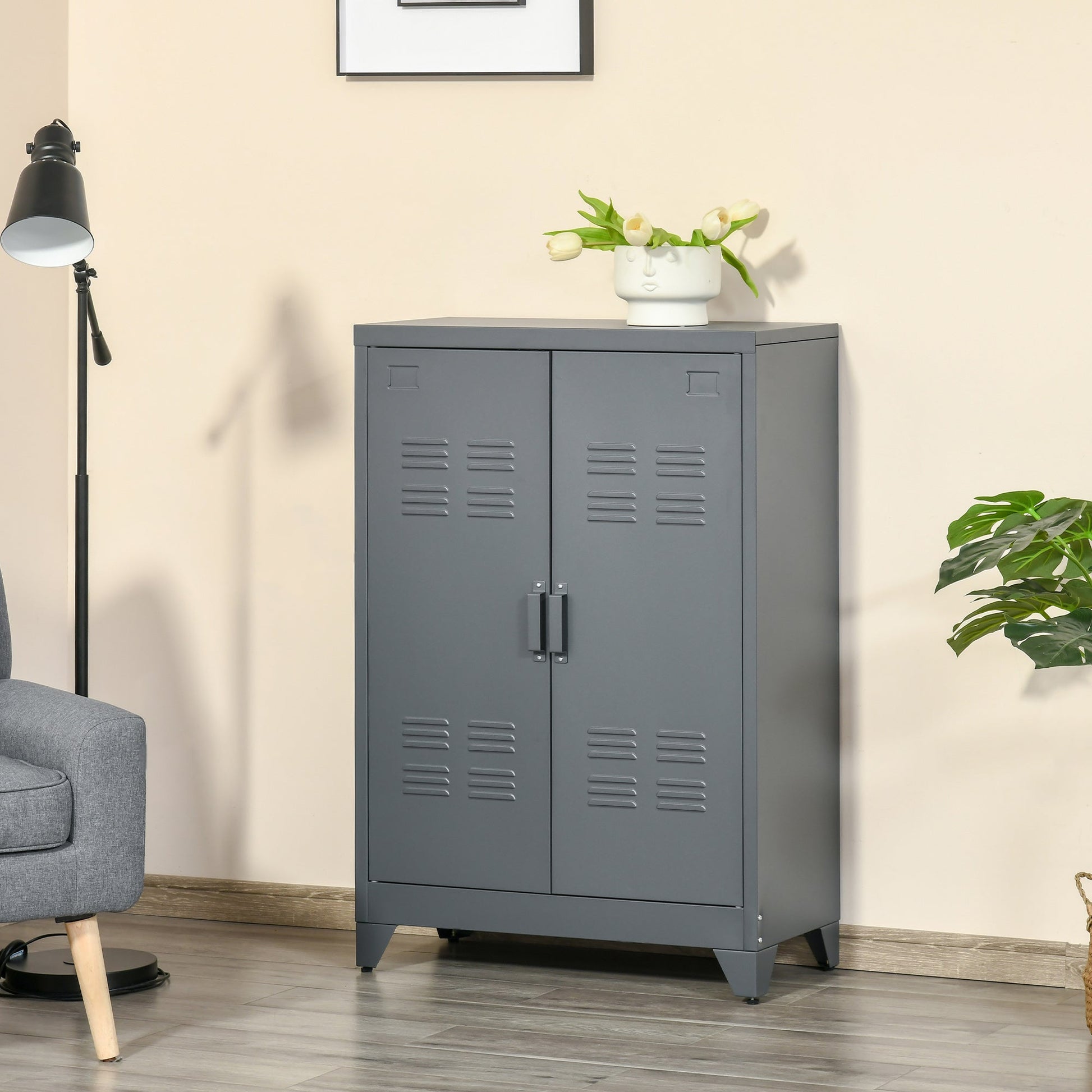 Multiuse cabinet 2 doors industrial style, metal locker for home and garage - Grey - Borgè