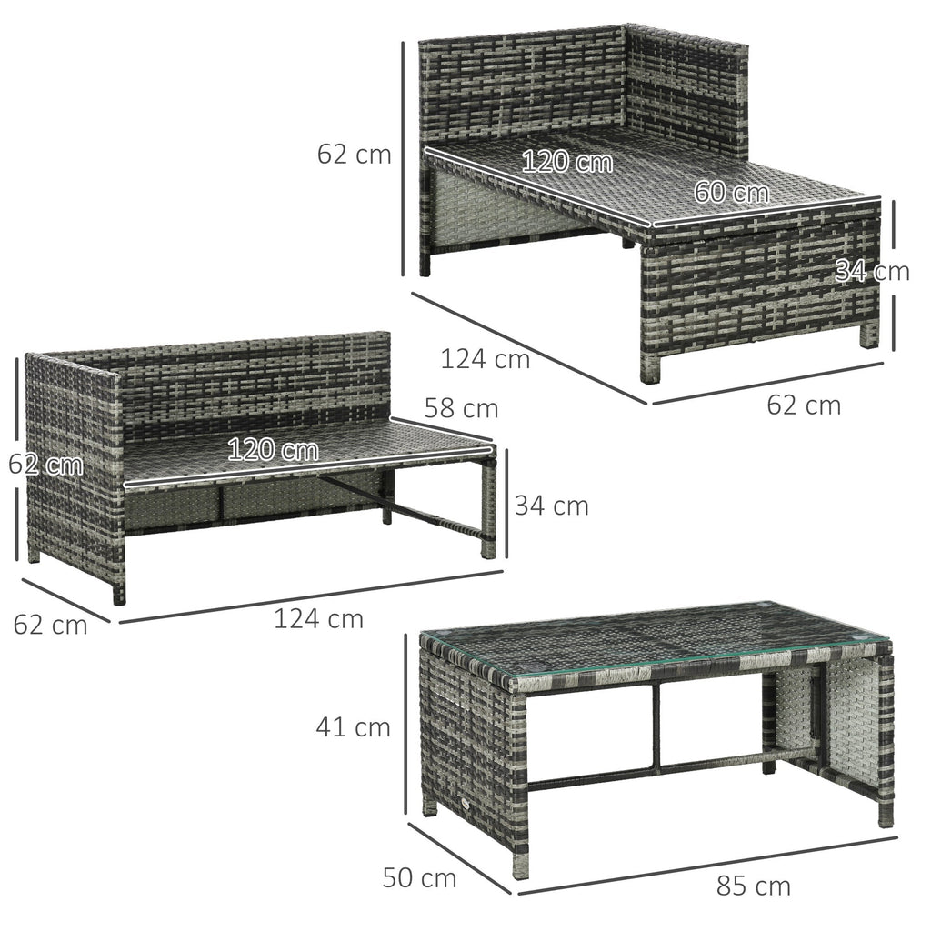 Garden Lounge Set with Sofa, Chaise Longue and Coffee Table in PE Rattan with Cushions, Grey - Borge' Group Limited