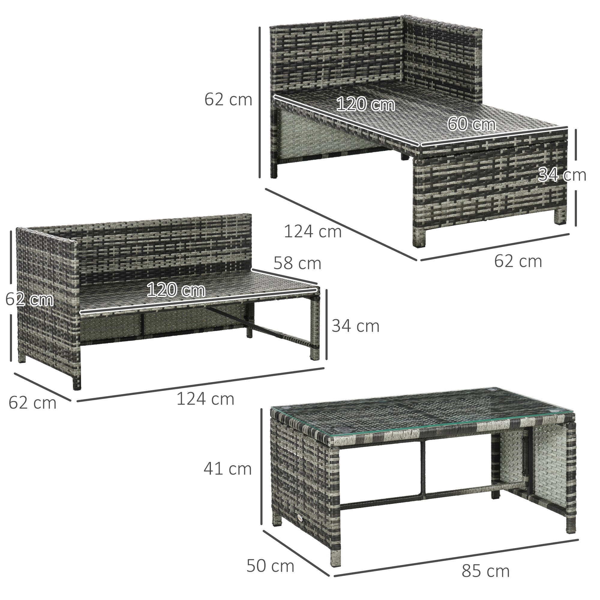 Garden Lounge Set with Sofa, Chaise Longue and Coffee Table in PE Rattan with Cushions, Grey - Borge' Group Limited