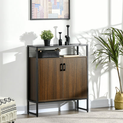 cabinet two doors in mdf with tempered glass support top, 82x30x98 cm, brown and black - Borgè