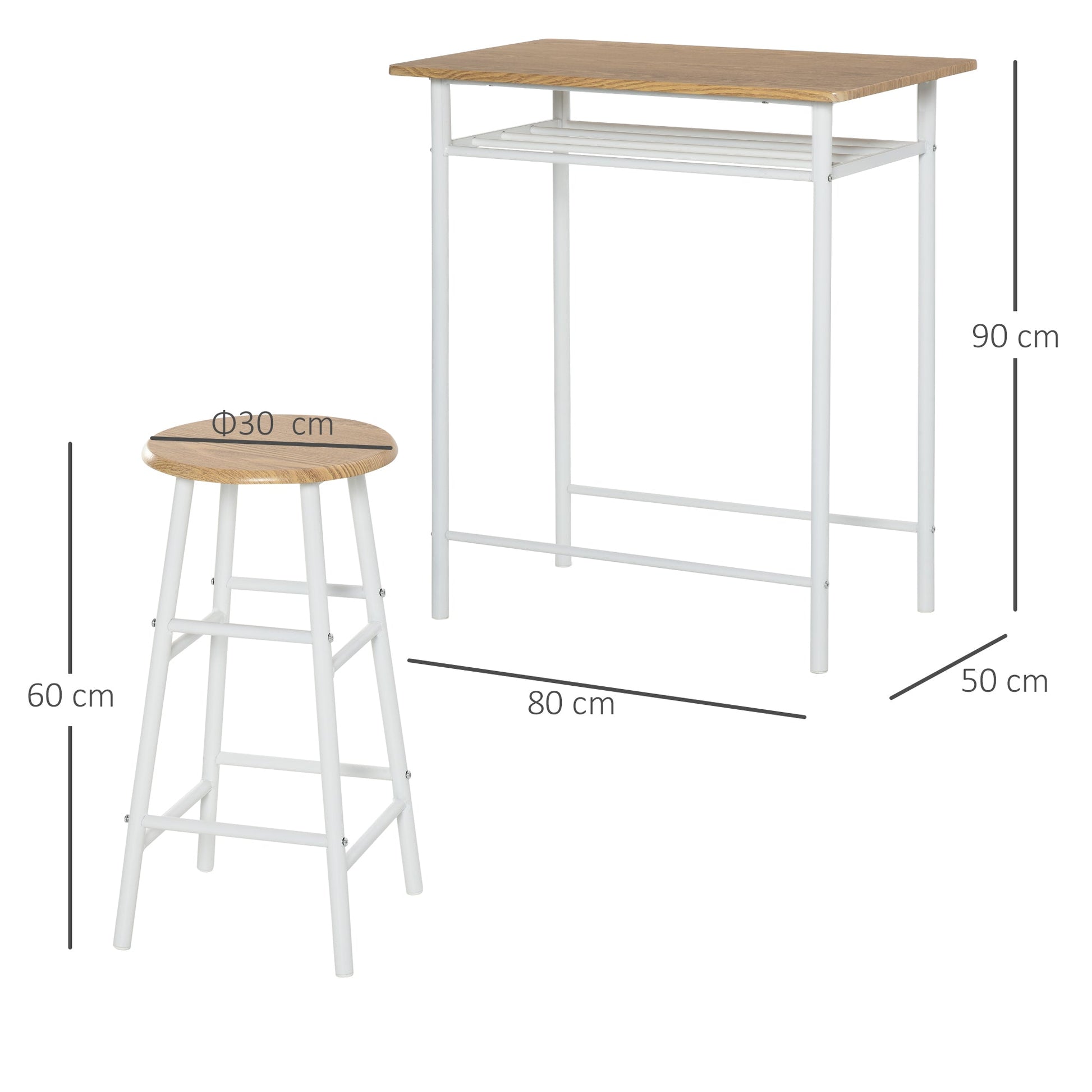 Set Bar counter with 2 high north -style wooden stools, high table with shelf and kitchen stools with footrests, white - Borgè