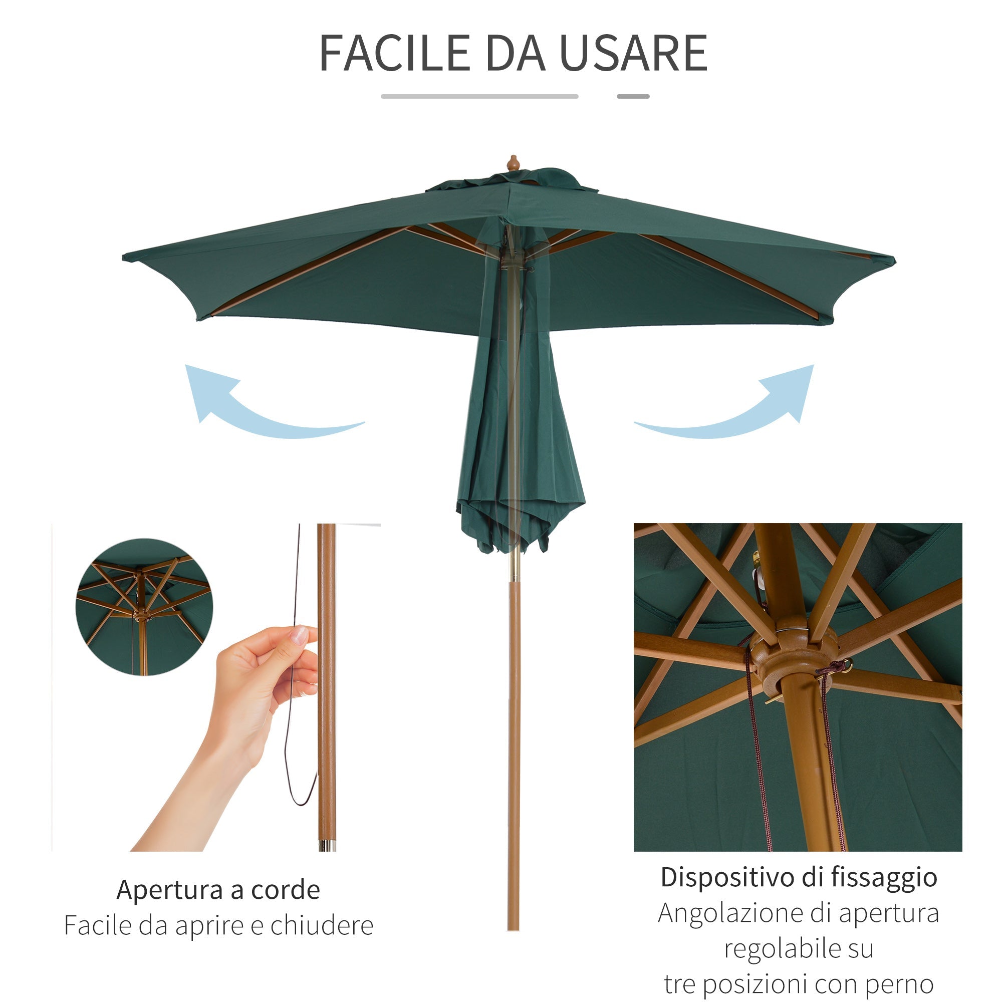 2.5x2.3m 6-Ribbed Garden Umbrella, Wood and Polyester, Dark Green - Borge' Group Limited