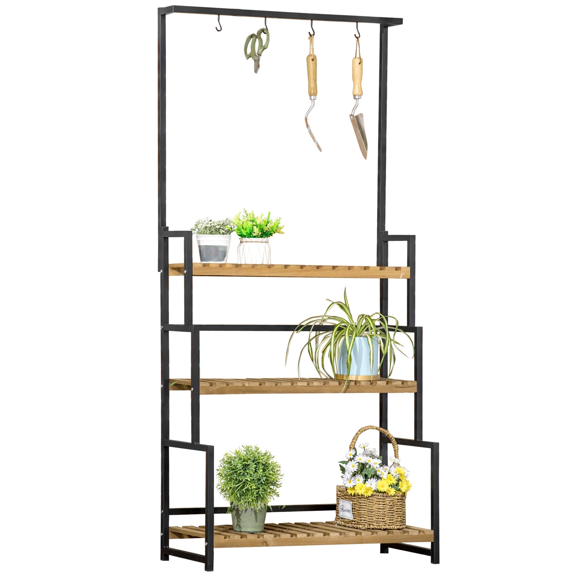 3-Tier Flower Stand with Top Hooks Fir Wood and Metal for Indoor and Outdoor, 80x36x174 cm - Borge' Group Limited