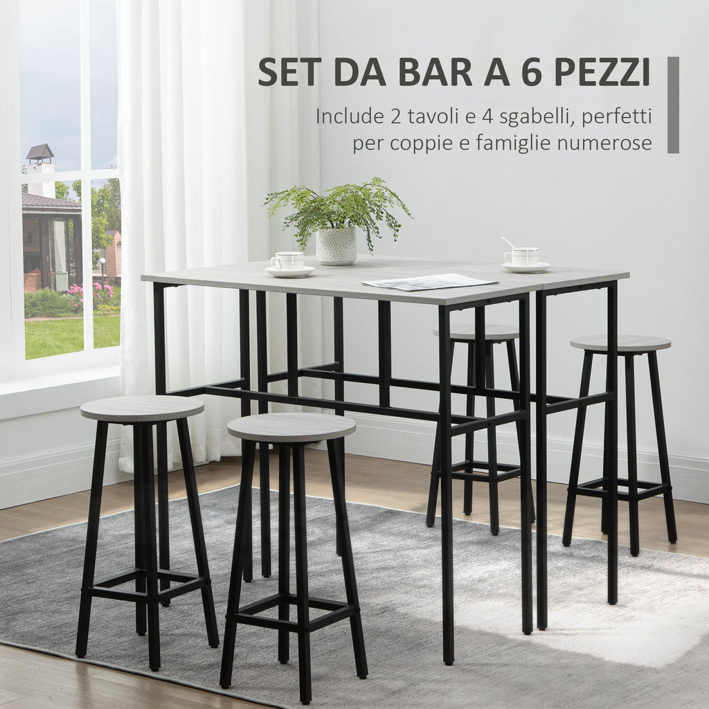 sets from bar 6 pieces with 4 bar stools and 2 high tables in chipped wood and steel for kitchen and living room, Grey - Borgè