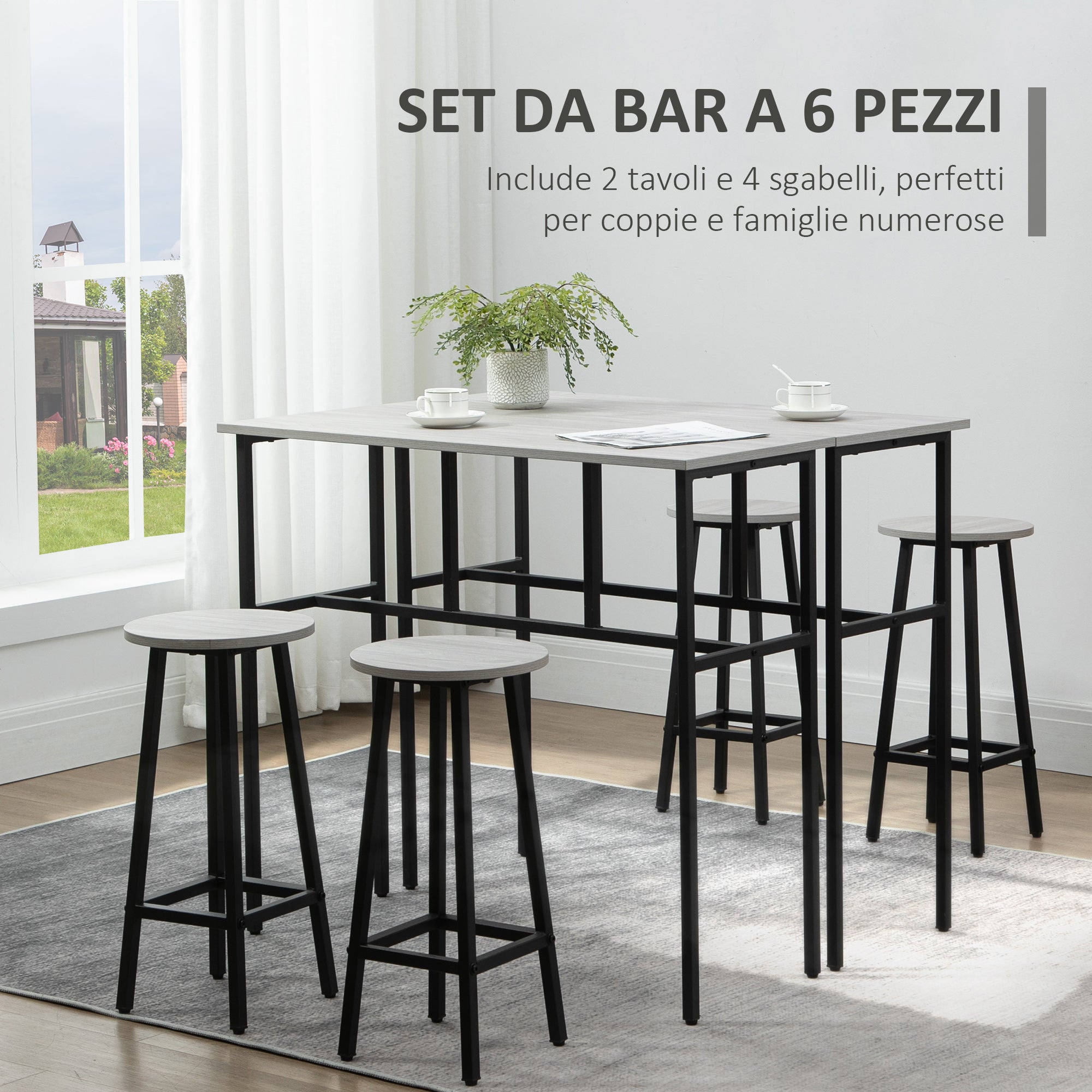 sets from bar 6 pieces with 4 bar stools and 2 high tables in chipped wood and steel for kitchen and living room, Grey - Borgè