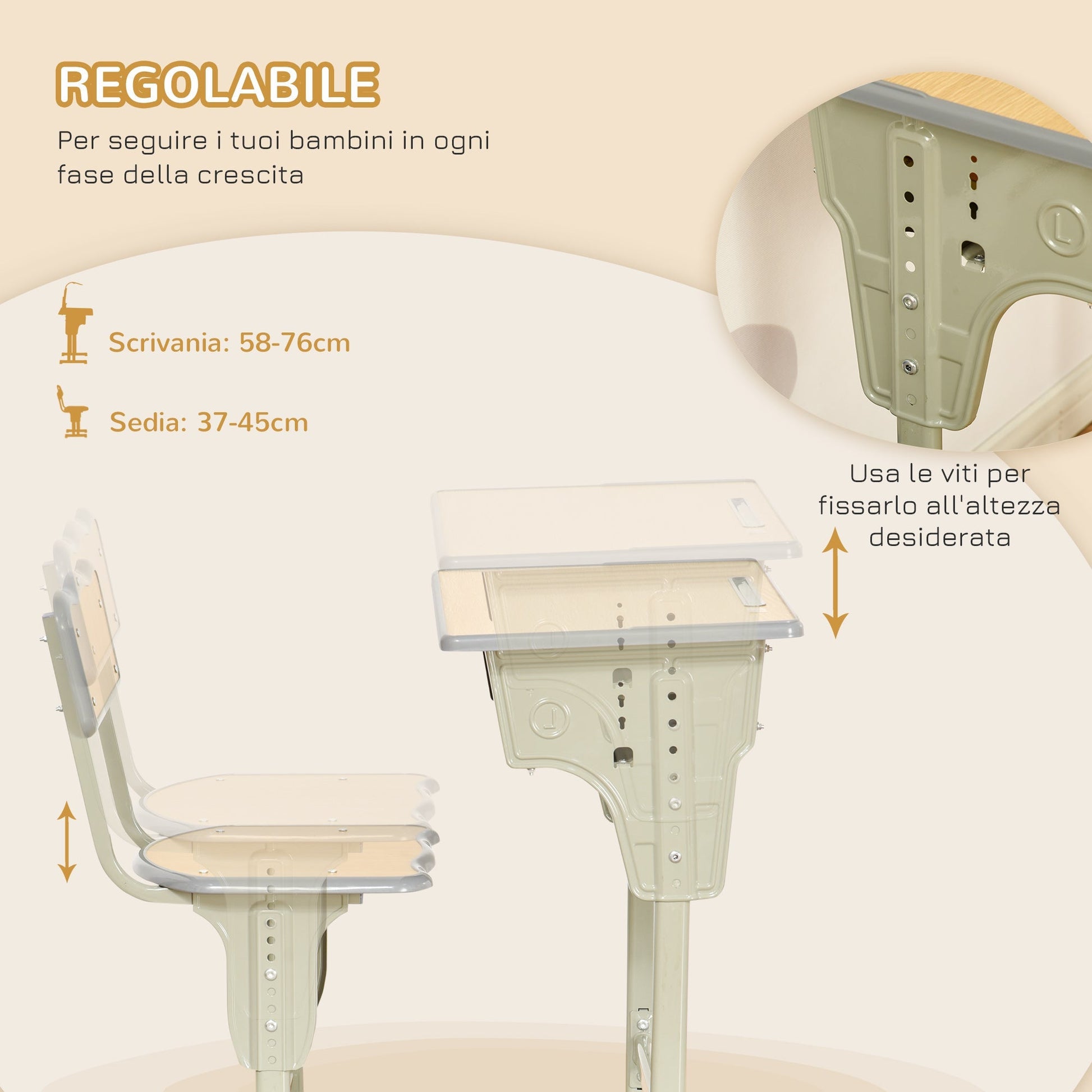 School desk with children's chair 6-12 years adjustable height container and carpels - wood - Borgè