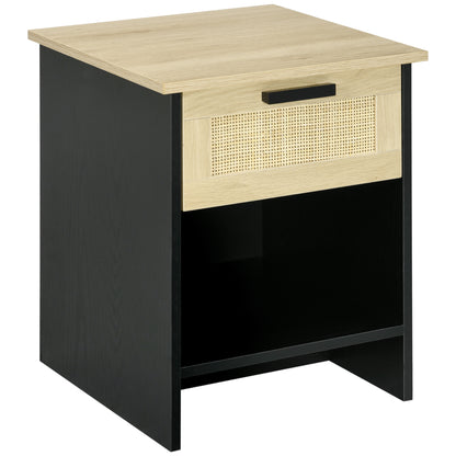 Boho Chic Style Wooden and Rattan Nightstand with Drawer and Shelf, 40x40x50cm, Black and Natural - Borgè