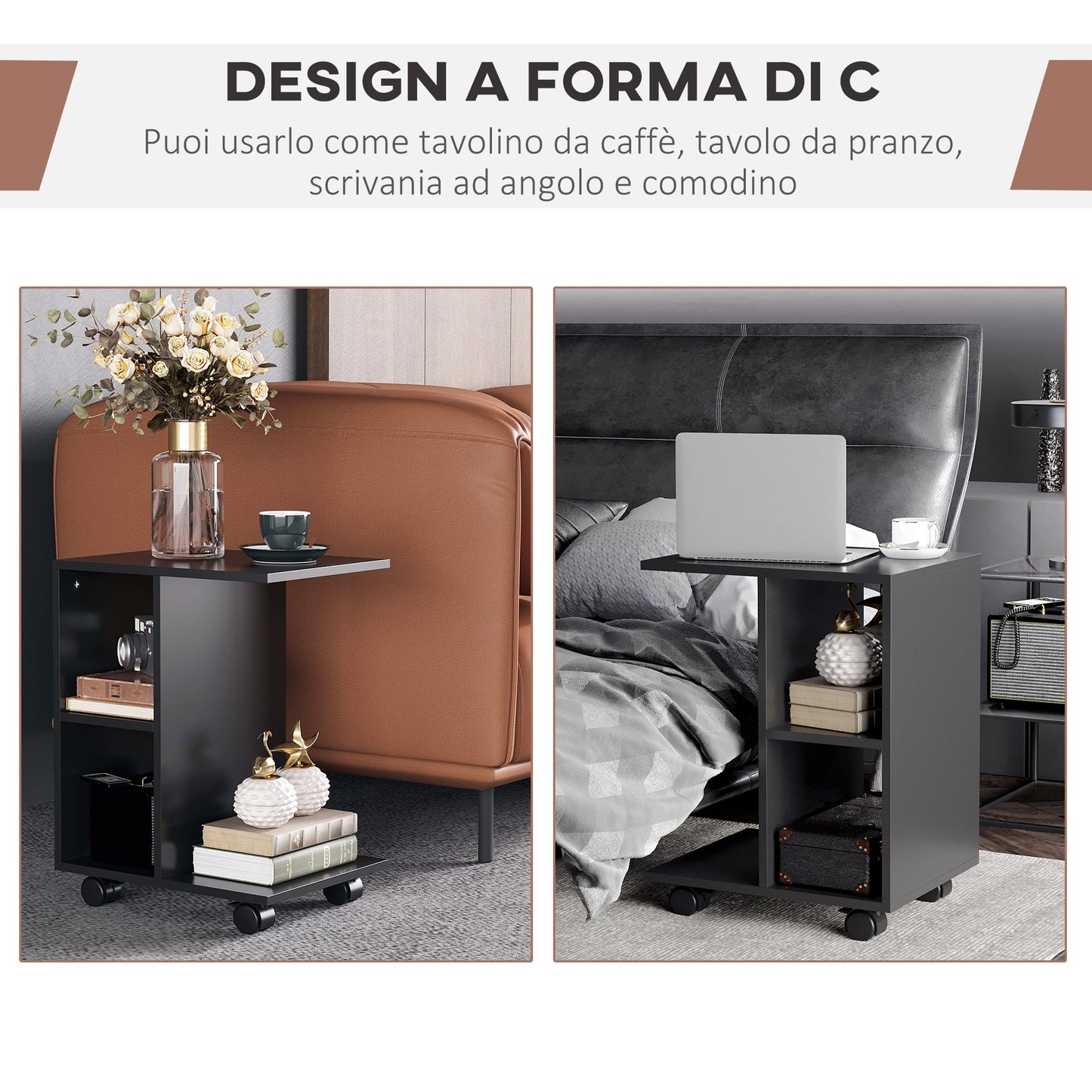 Cavo from Living Room to C with 2 open shelves and 4 swivel wheels, 45x35x58 cm, black - Borgè