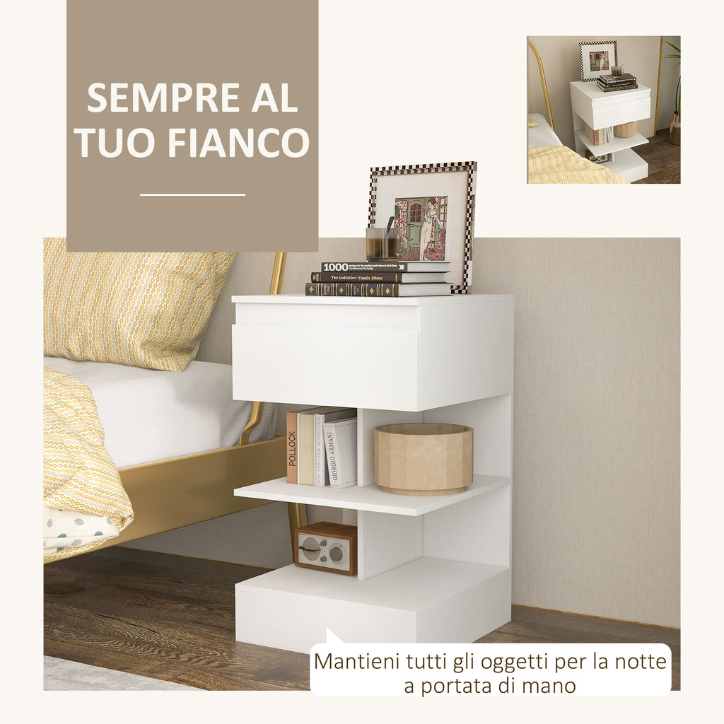 Homcom modern bedside table in chipboard and mdf with a drawer and 2 shelves, 39x39x65 cm, white - Borgè