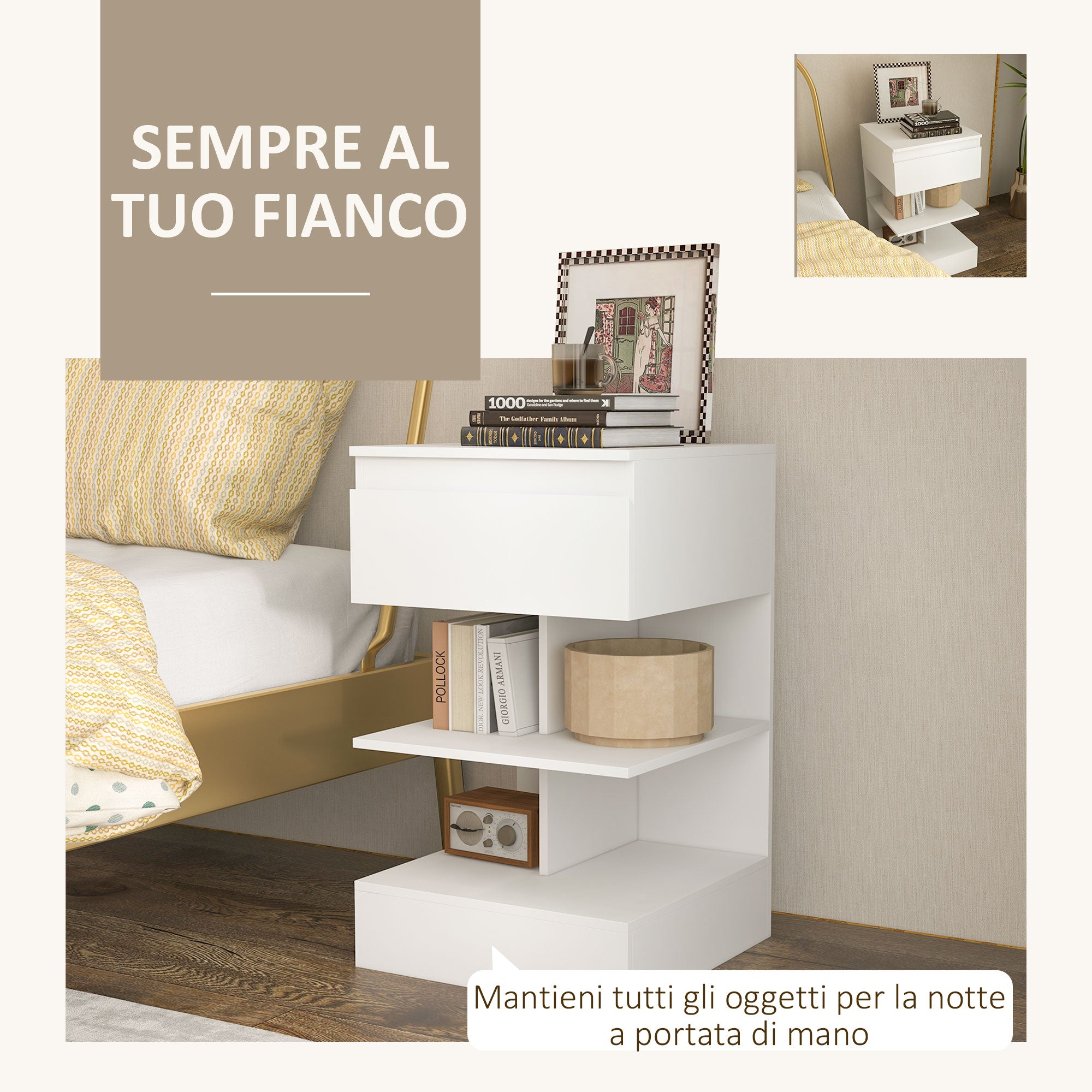 Homcom modern bedside table in chipboard and mdf with a drawer and 2 shelves, 39x39x65 cm, white - Borgè