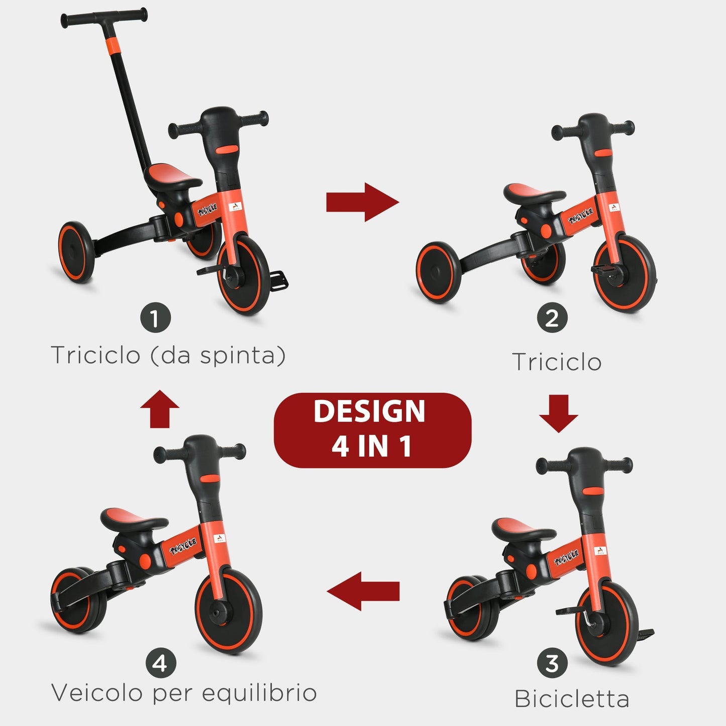 Tricycle for children 18-60 months with adjustable handlebar and closed wheels, 101x45x86.5 cm, red - Borgè