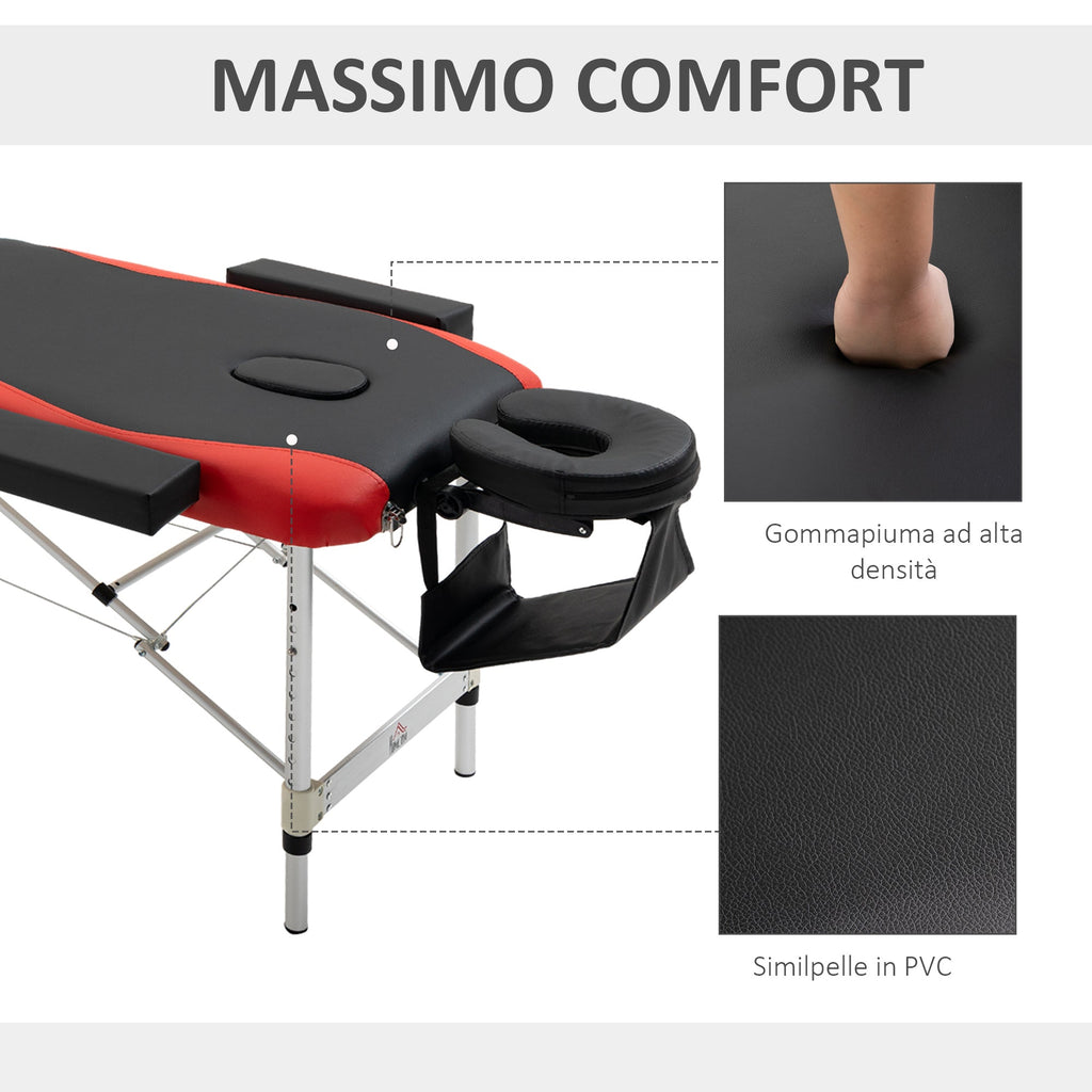 Foldable Massage and Beauty Table with Adjustable Height, Professional Massage Bed in Aluminum and Plastic, 215x60x61-84 cm, Black and Red - Borge' Group Limited