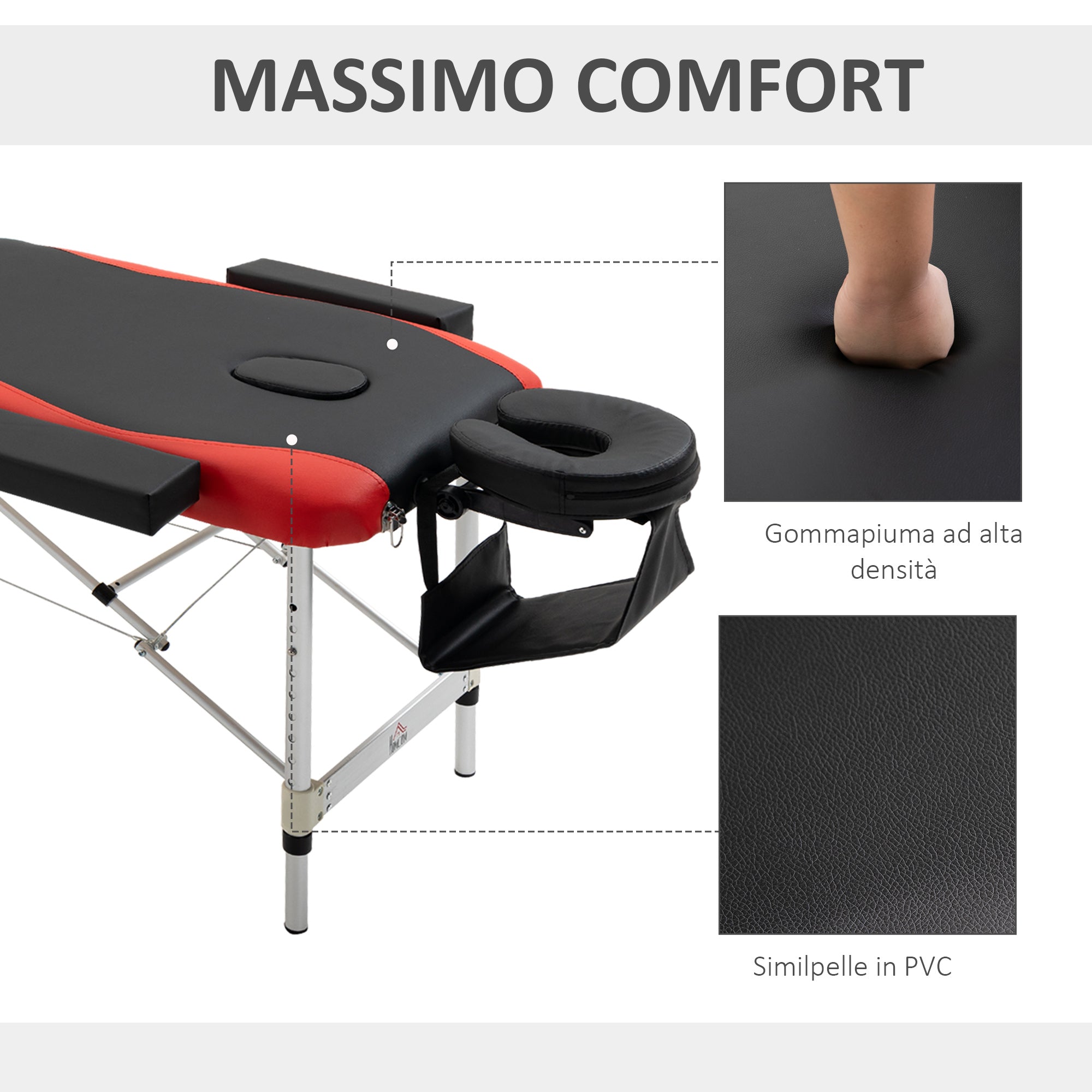 Foldable Massage and Beauty Table with Adjustable Height, Professional Massage Bed in Aluminum and Plastic, 215x60x61-84 cm, Black and Red - Borge' Group Limited