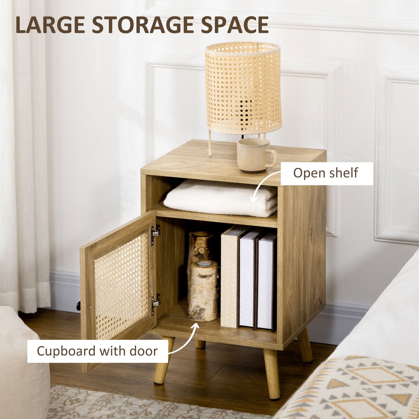 Set 2 modern bedside tables with locker and open shelf, in chipboard and rattan, 39x35x60 cm