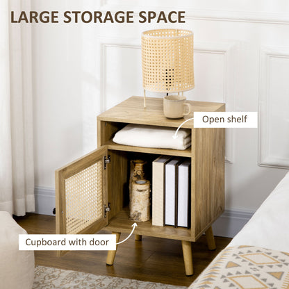 Set 2 modern bedside tables with locker and open shelf, in chipboard and rattan, 39x35x60 cm