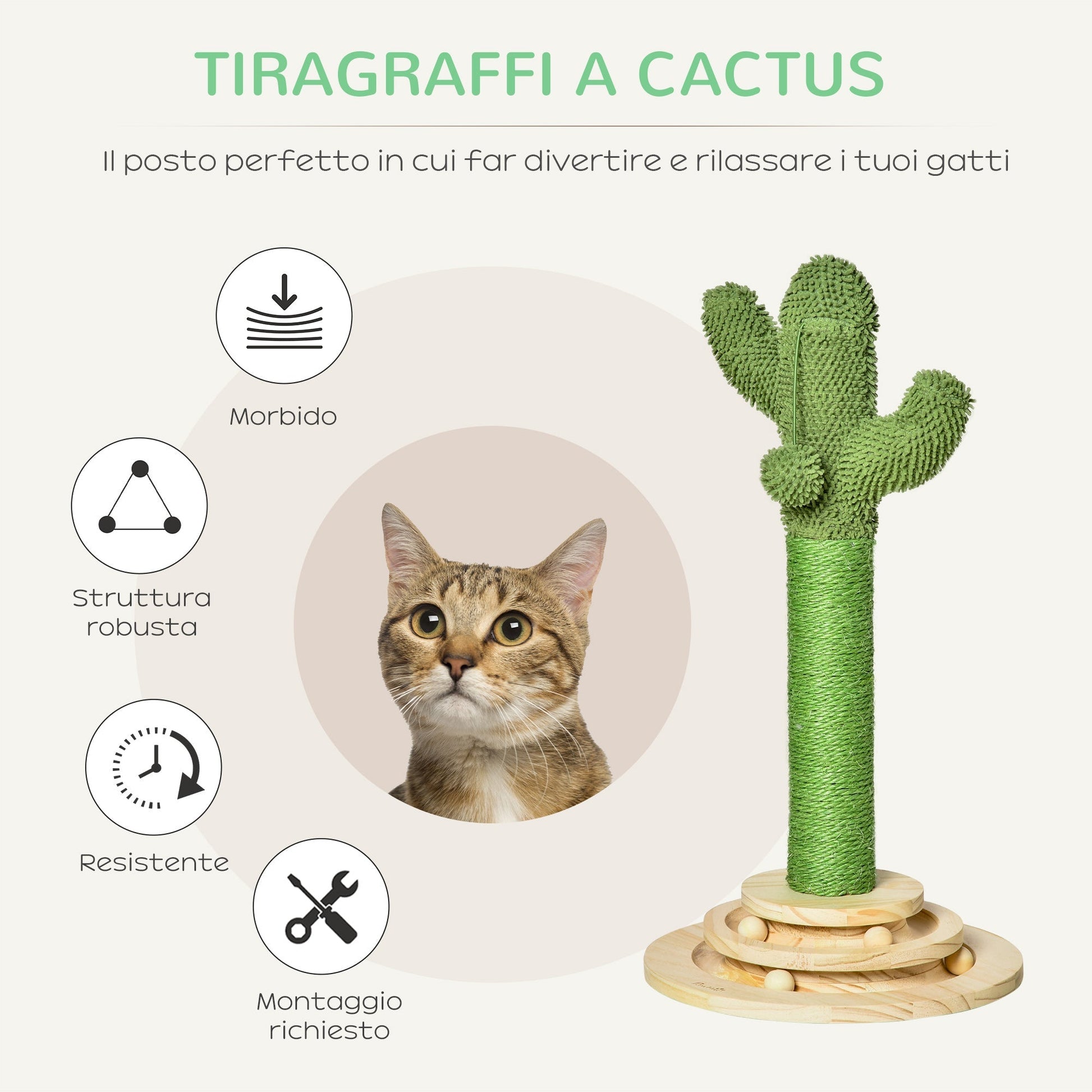 Cactus Cat Tree for cats with Scratch Pole and Ball, 32x32x60cm - Borgè