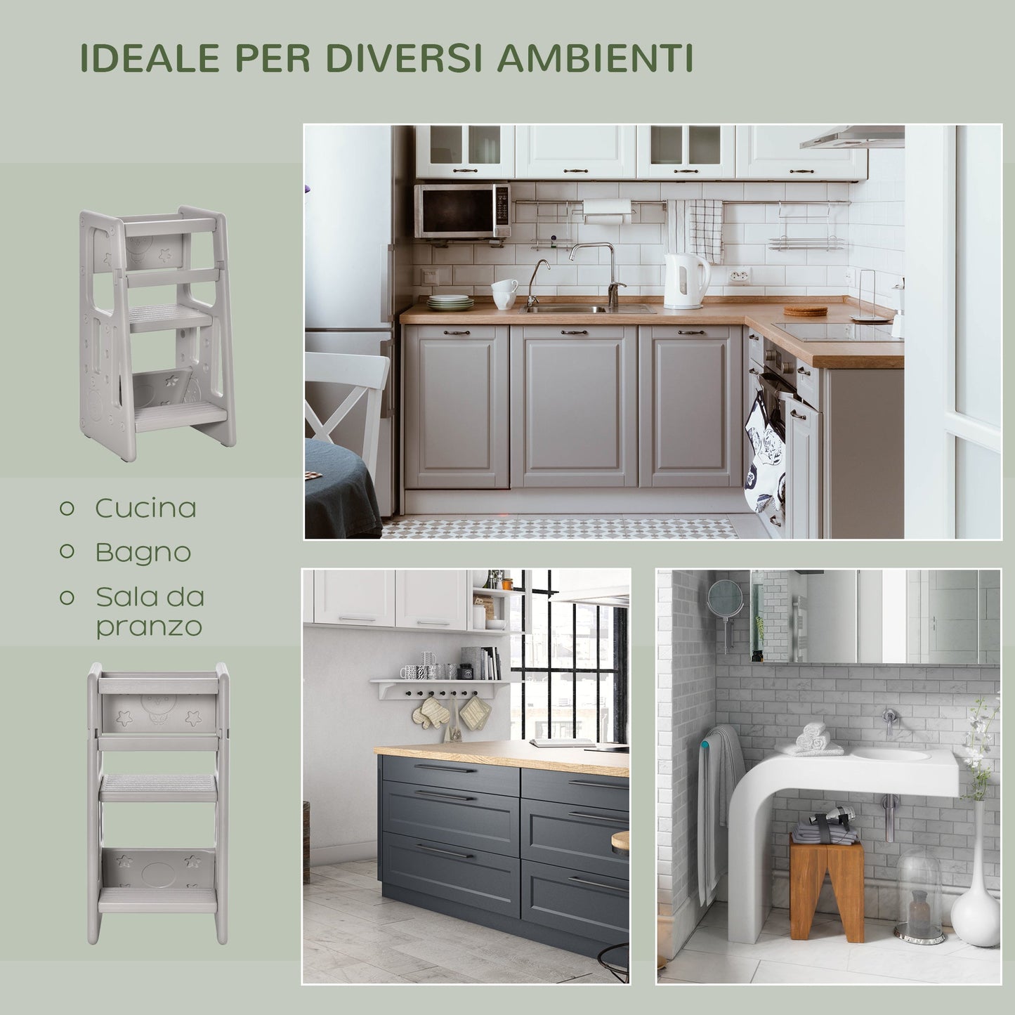 Scaletta for children Torre Montessoriana adjustable height 3 levels, 47x47x90cm, Grey - Borgè