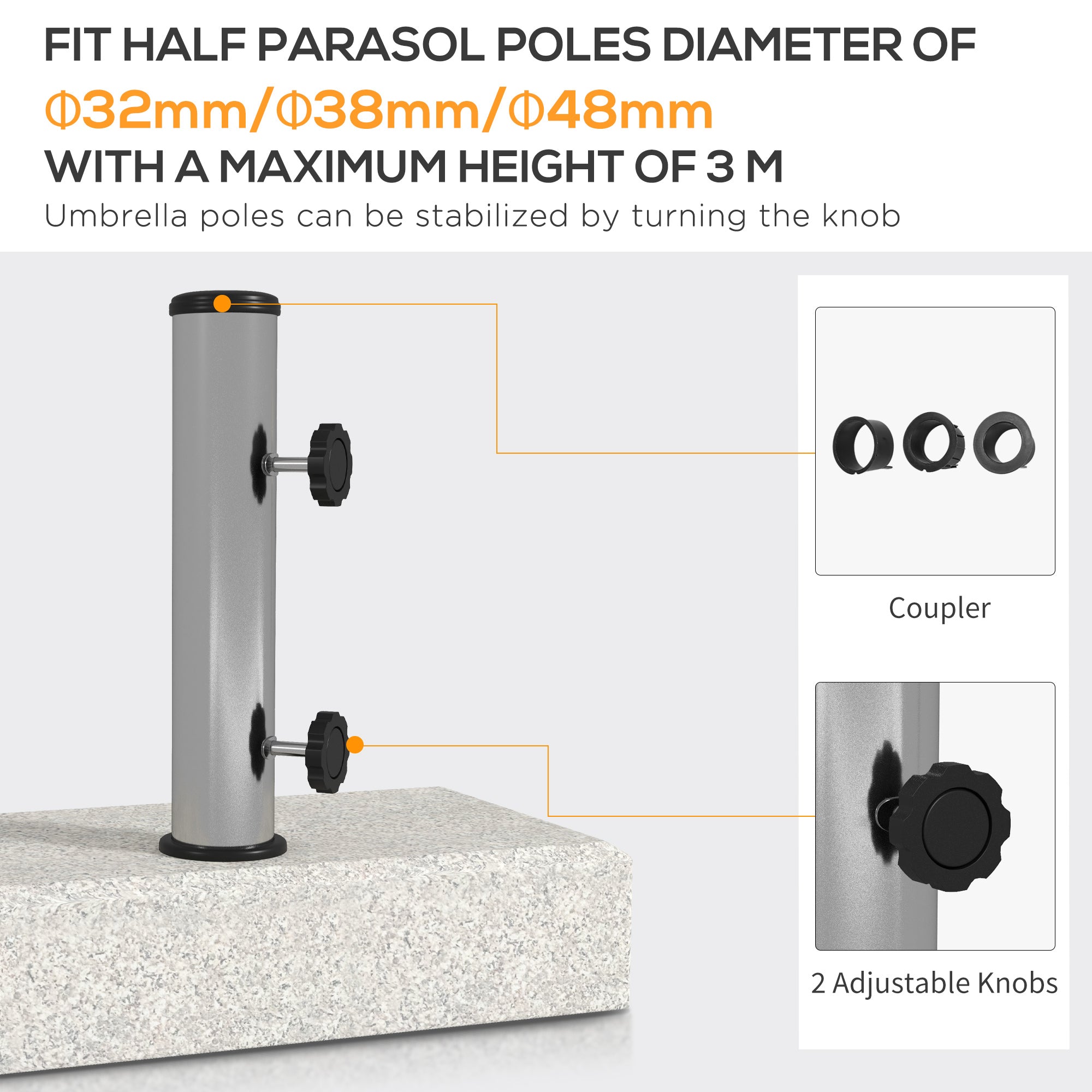 Base Outsunny for garden umbrella 25kg for Ã˜32mm, Ã˜38mm and Ã˜48mm poles, in granite and stainless steel, 45x22.5x40 cm, gray - Borgè