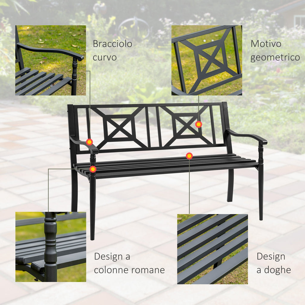 Black Steel Garden Bench for 2 Persons with High Backrest and Armrests, 128x62. 5x81. 5 cm - Borge' Group Limited