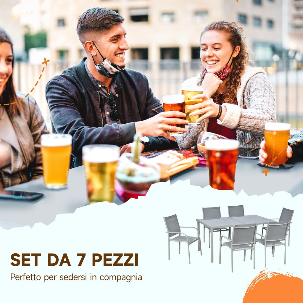 Garden Set with Tempered Glass Table and 6 Chairs with Mesh Fabric, Grey - Borge' Group Limited