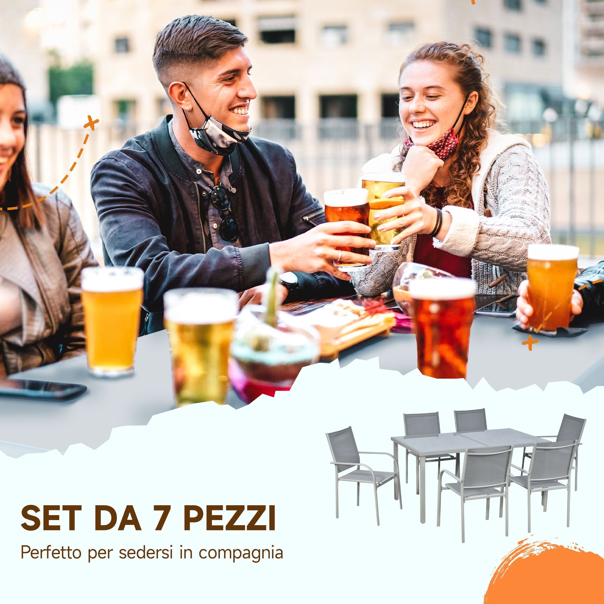 Garden Set with Tempered Glass Table and 6 Chairs with Mesh Fabric, Grey - Borge' Group Limited