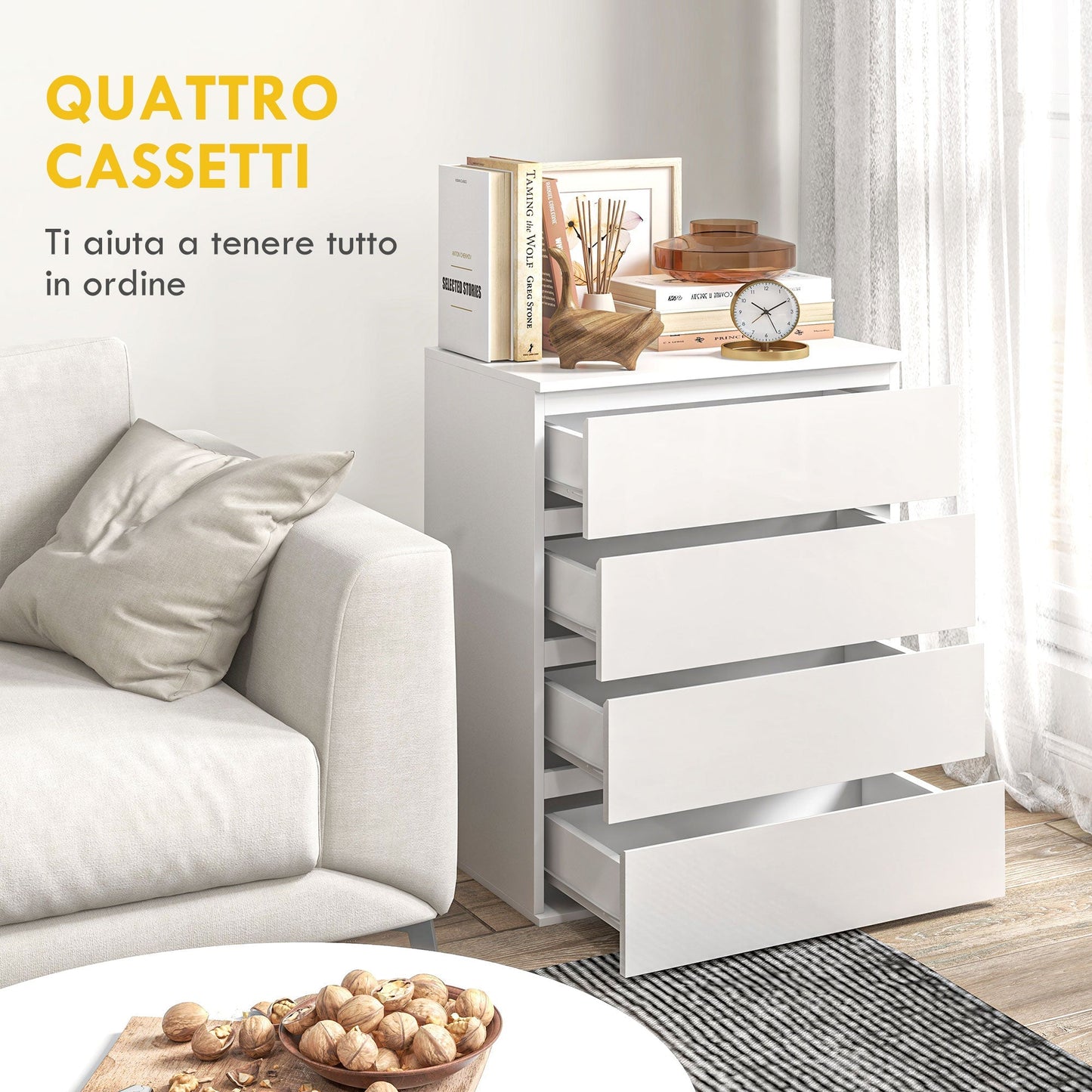 Homcom chest of drawers 4 drawers in chipboard with metal guides and grooved handles, 60x40x80 cm, white - Borgè