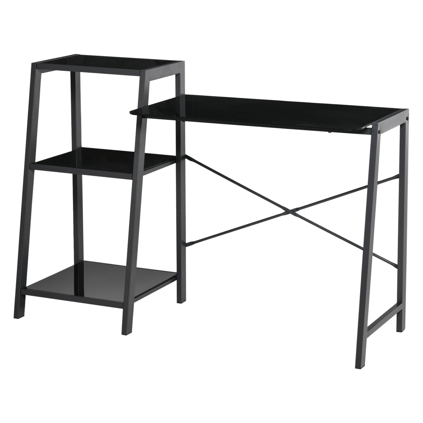 Modern Glass and Metal Desk with shelf 3 shelves - Black