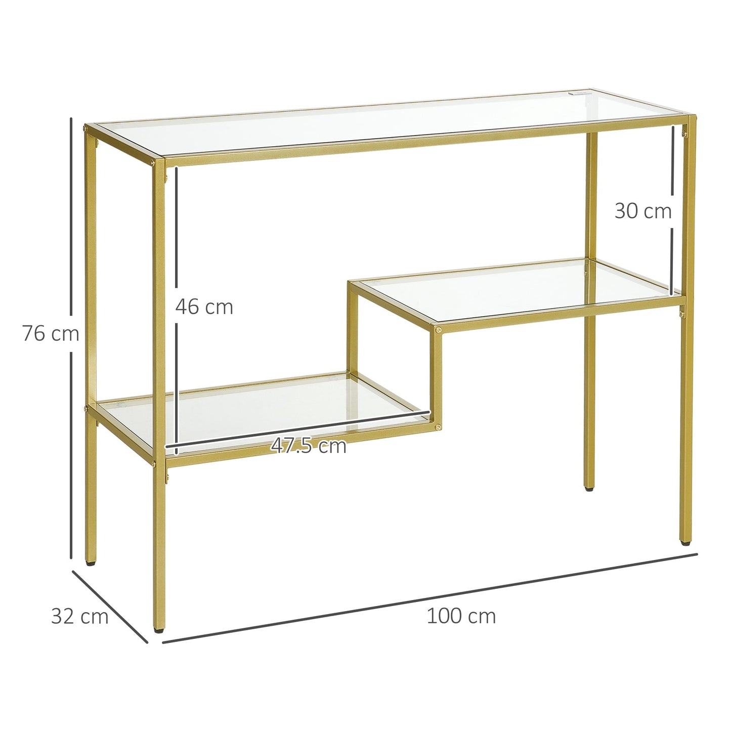 HOMCOM 3-Tier Steel and Tempered Glass Entrance Console Table, 100x32x76 cm, Gold - Borgè