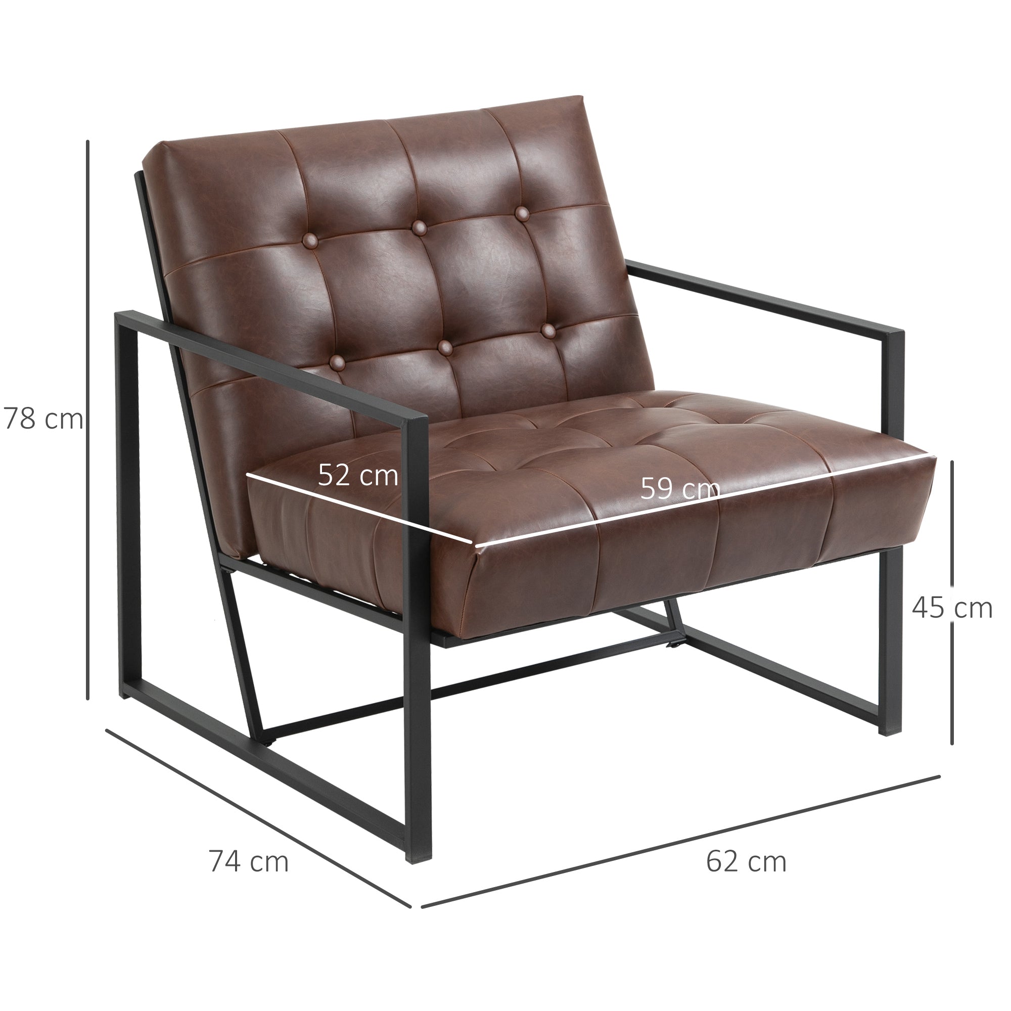 armchair polon style quilted with buttons, modern metal armchair and PU armchair, 75x81x78cm brown - Borgè