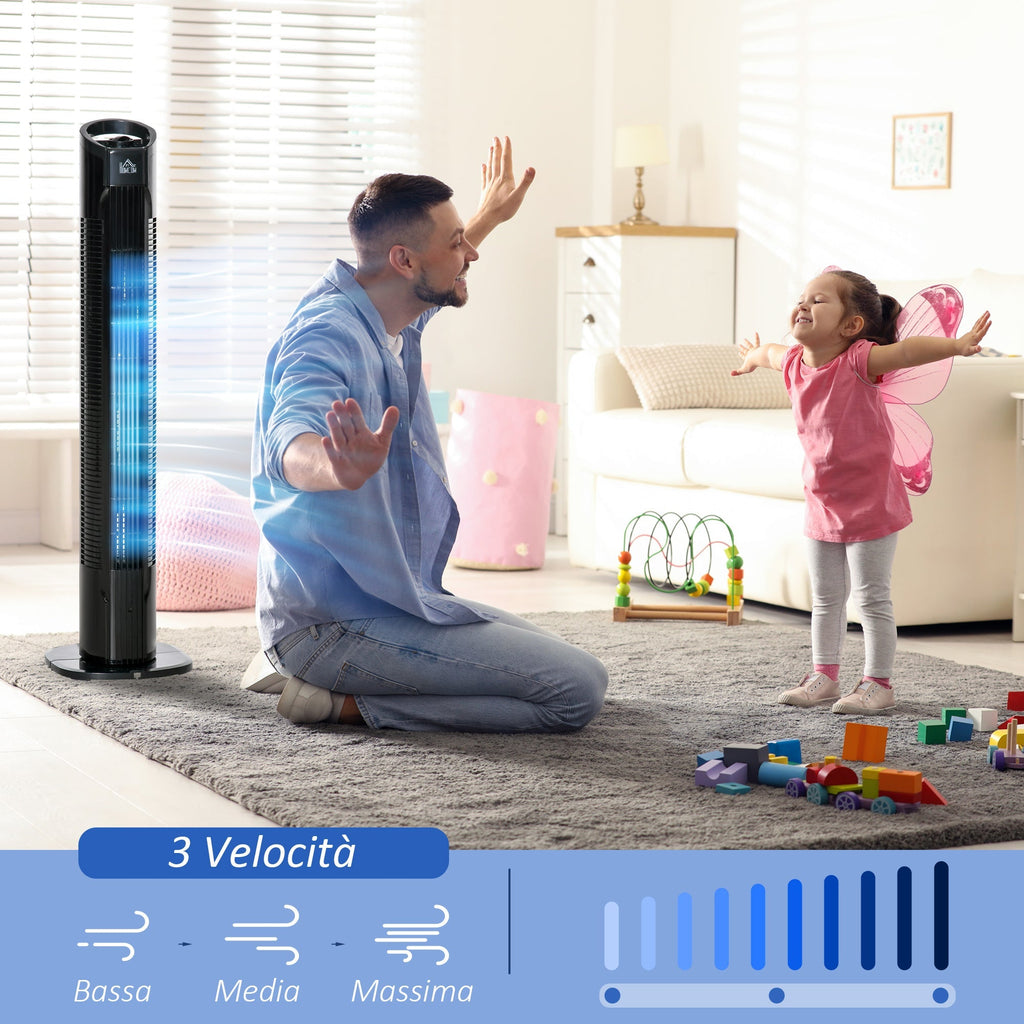 Column 3 -speed ventilator with 70 Â° oscillation, round flat and transport handle, 50W power, Ñ„20x78.5cm black - Borgè