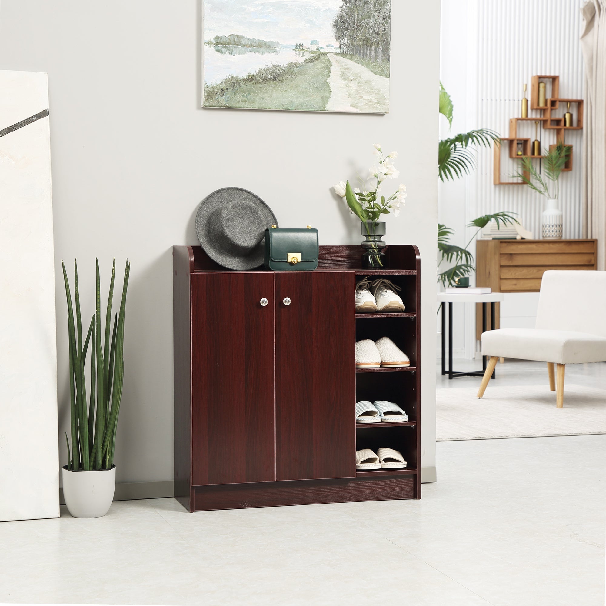Modern Scarp Closer and wooden saving for 12 pairs with 4 open shelves, 83x30x90 cm, coffee color - Borgè
