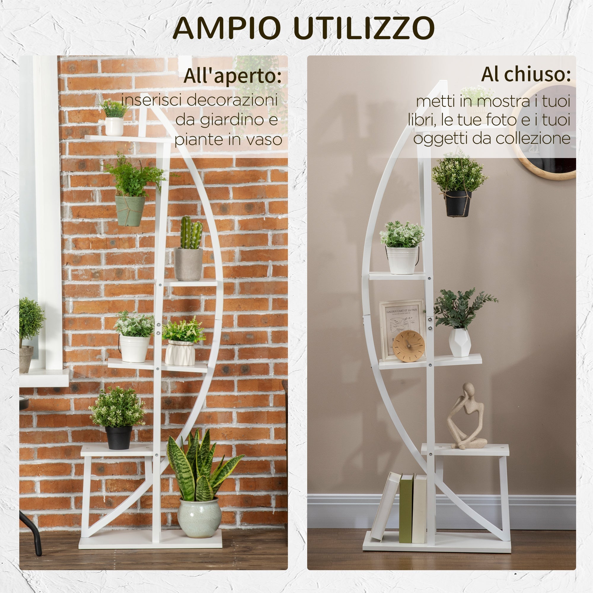 5-Tier Crescent-Shaped Indoor/Outdoor MDF and Steel Flower Stand, 50x30x160cm, White - Borge' Group Limited