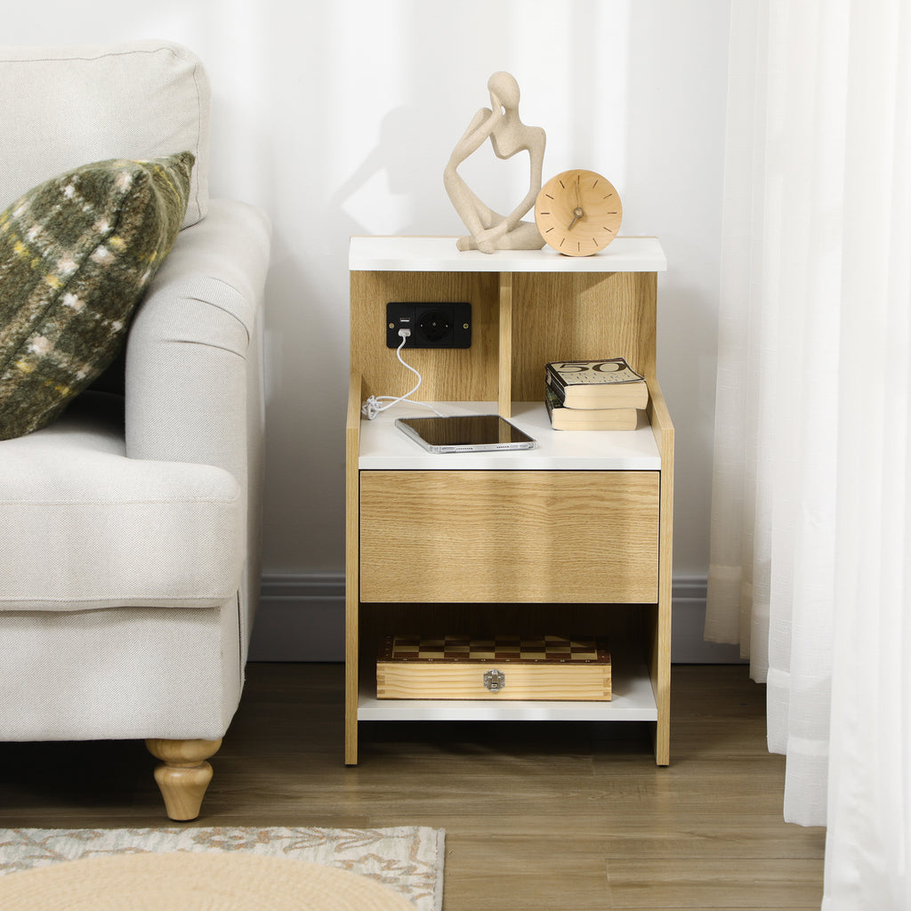 Homcom modern bedside table with 2 sockets and USB ports and a chipboard drawer, 40x40x60cm, wooden color - Borgè