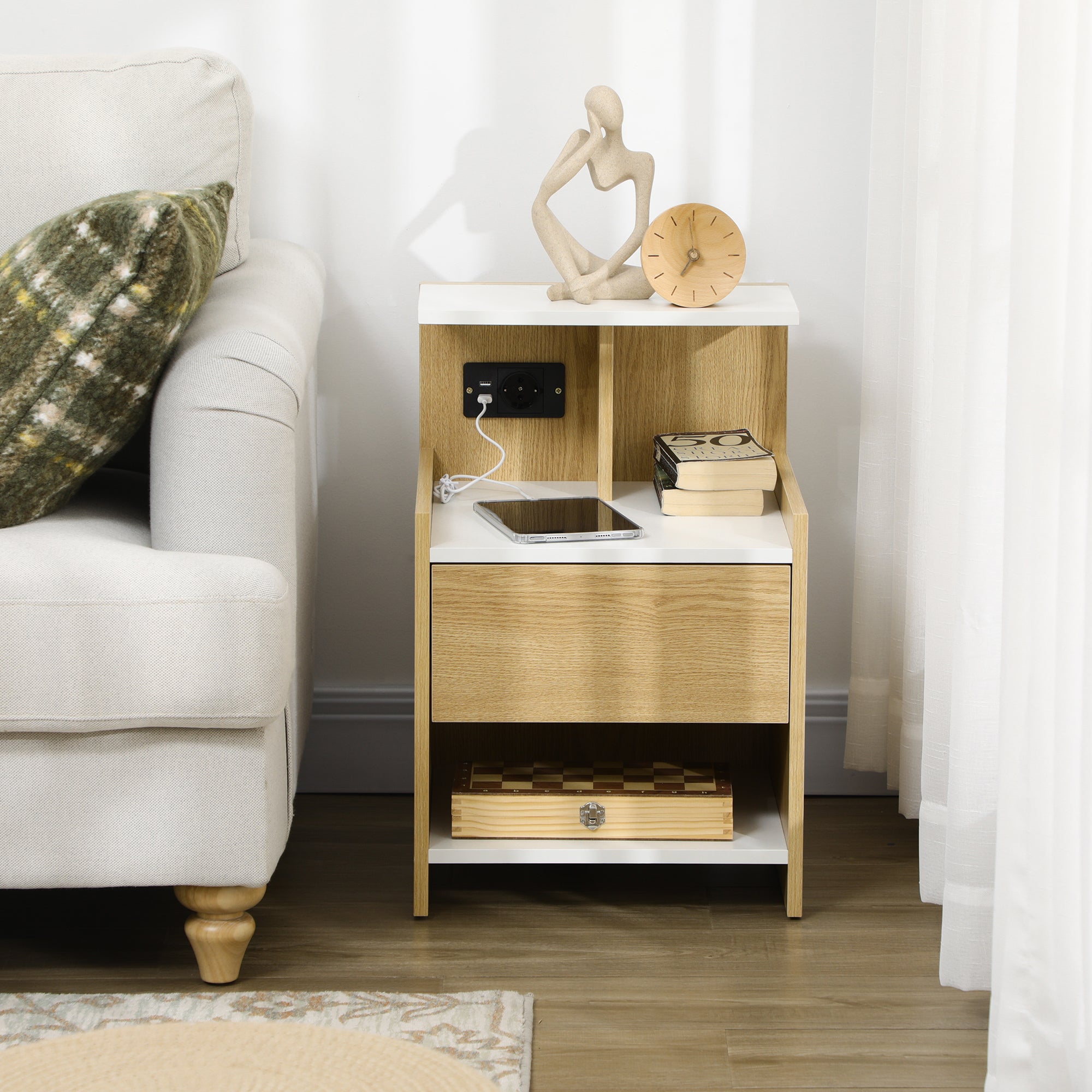 Homcom modern bedside table with 2 sockets and USB ports and a chipboard drawer, 40x40x60cm, wooden color - Borgè
